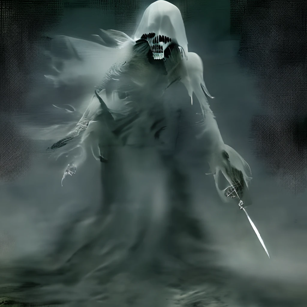 Ghost, old woman, witchy, wrinkled face, pale skin, dirty gray hair, Horror ghost, ghost in dress, dark ghost, evil ghost, ghost woman, white dress, sharp teeth, knife in hands, torn clothes, Old dress, Blank black eyes, white colored hair, sharp teeth, bone neck, Creepy Face, Dark souls, Teeth needles, White Skin Skin, vertebral bones of the neck, ripped clothes, Old clothes, torn rags, ressed in a black and white costume standing in the dark, white scary skin, the reaper as a scary,  dark hooded wraith,  dark soul concept art, dark souls character, torn fabric, scraps of clothing, Ghost in torn robes, Girl in torn clothes, gray hair, white colored hair, long gray hair, Dead Creepy Face, Teeth are like needles, opened mouth, serrated knives, sharp knives, knives in hand, Phantom knives