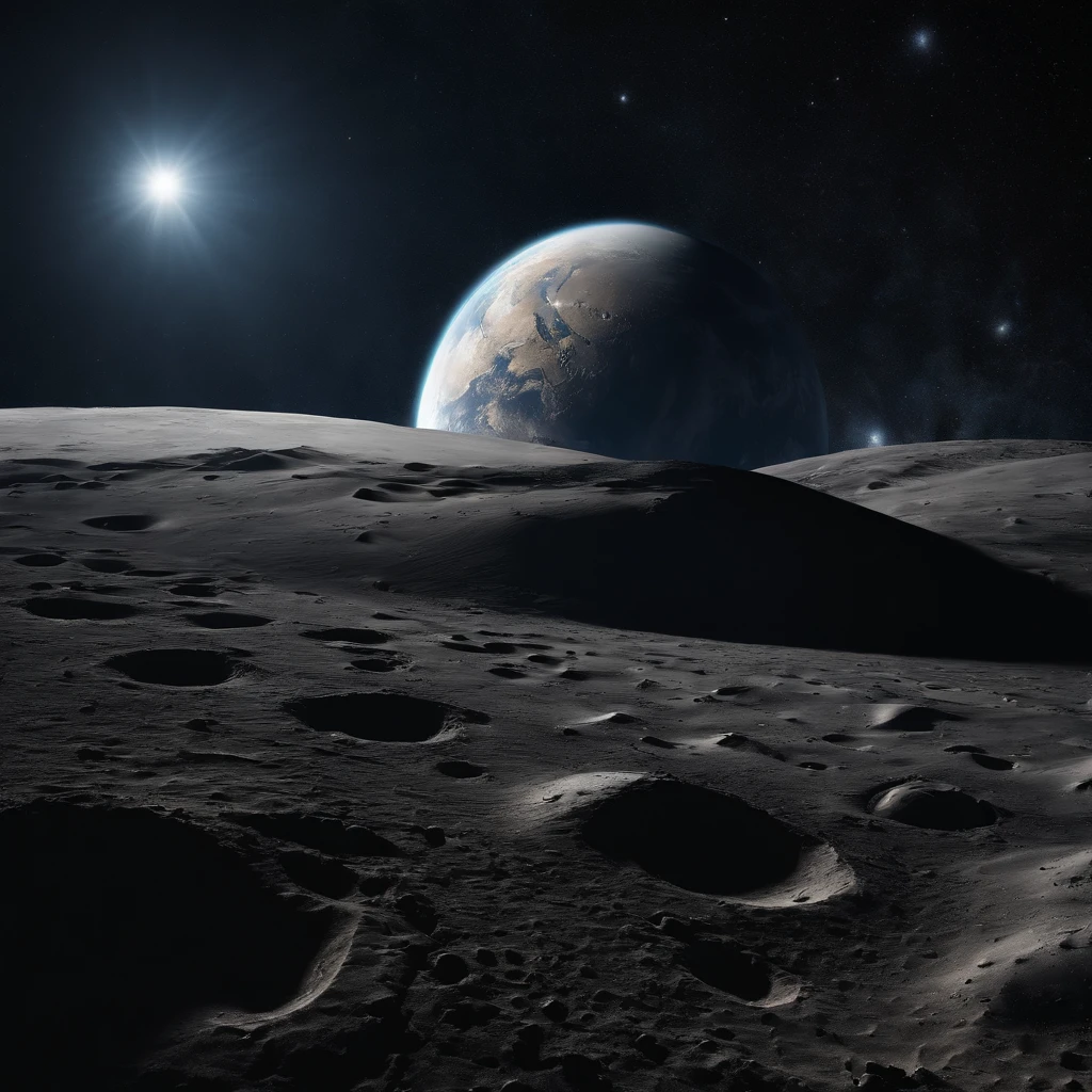 Master Parts、Superior Quality、superior image quality、The 8k quality、Beautiful pictures of the starry sky、magnifica、Arched Milky Way:1.25、Alafed view of Earth from the lunar surface:1.25, Lunar surface, space photo, on the moon, moon background, moon background, on the moon, Lunar soil, space photo, moonscape, Focus on the Moon, On Moon, Numerous craters, Seeing the Earth from the surface of the moon:1.9, big earth in the sky:1.9, Dark Blue Universe:1.9