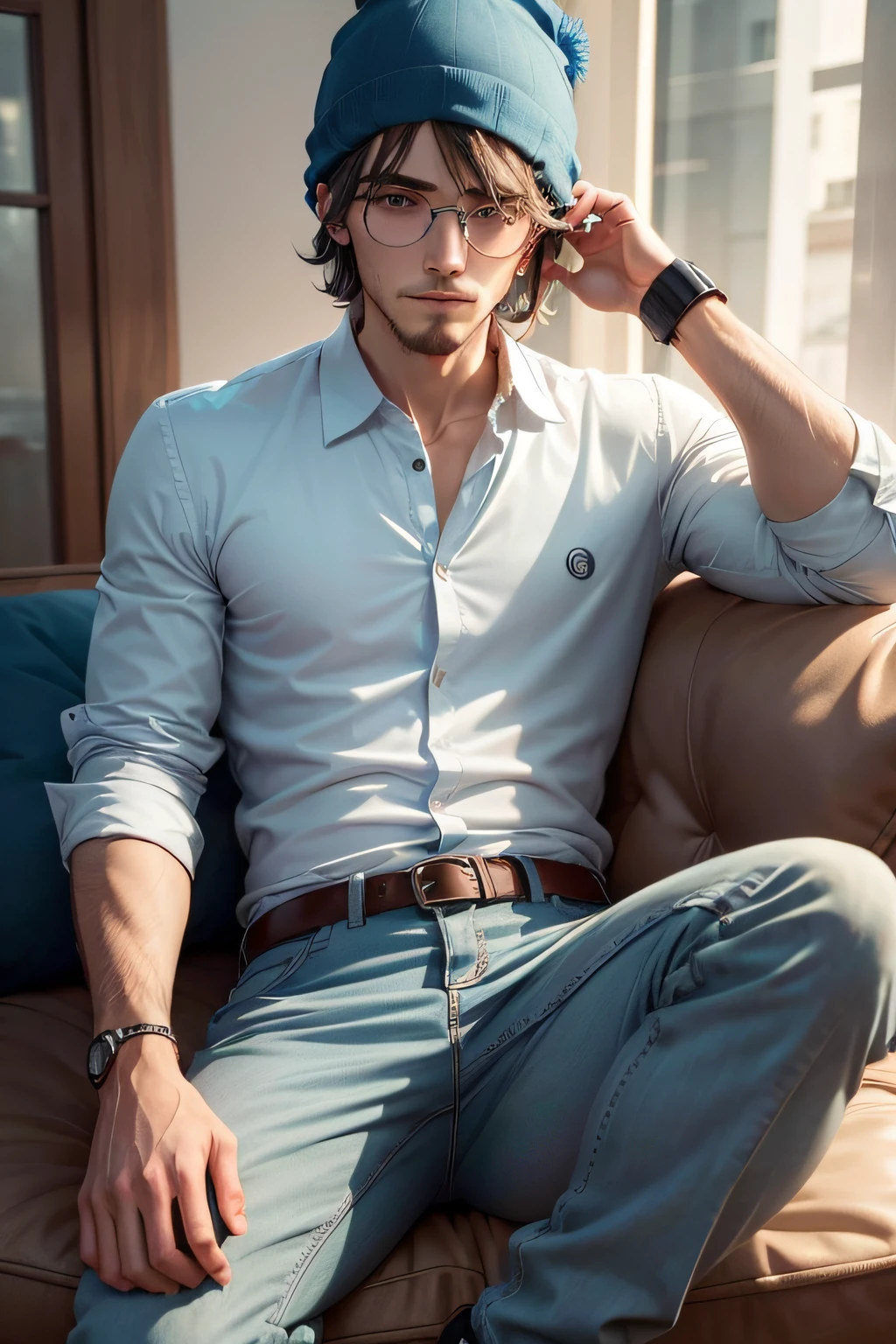 Fuvion Thornfield, a dedicated academic man of 27 years, fica em um lean 1.75m. His piercing blue eyes exude a keen intellect, complementando seu cabelo cinza elegante. Fuvion opta por figurinos simples: a pair of pants and a button-down shirt, equilibrando tons neutros com toques sutis de azul profundo, tudo em linha com o estilo distinto. This modern aesthetic, inspired by the early 2000s, adds a unique touch to your academic persona. Discreet accessories such as a minimalist brooch and a silver ring engraved with enigmatic symbols complete your set. Um par de elegantes, Glass, wire frame. He has his hands and a beanie in the middle of his head, olhando fixamente para o horizonte a sua frente. His shoes are discreet, Looking like a history teacher. Image that appears the whole body of it.