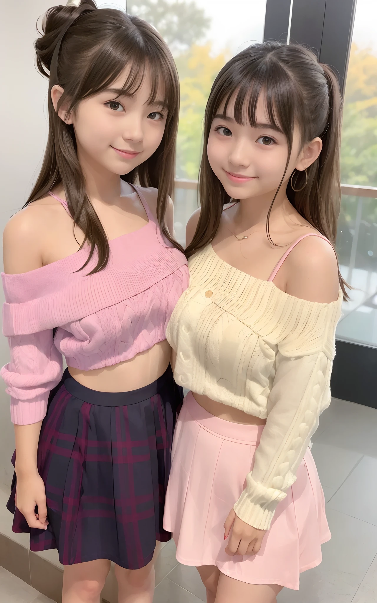 (2girls same age:1.2) , couple focus, adorable, , upper body, japanese girls, standing next to each other , off-shoulder summersweater , skirt, (smile), hair Scrunchie, (high saturation:1.2), best quality, ultra highres, photo realistic, ultra detailed, 8k, raw photo, (breast),(skirtlift:1.0)