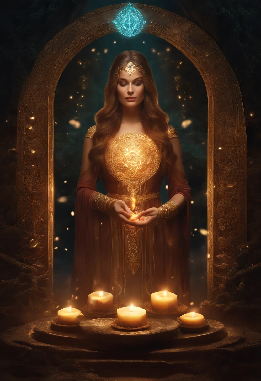(masterpiece), (best quality:1.4), absurdres, [:intricate details:0.2], 1girl, Flowing robes, intricate magical circles, glowing runes, shimmering aura, intense focus, arcane incantations, crackling energy, levitating artifacts, ethereal staff, flickering candles, swirling mist, sparkling motes, mystical crystals, glowing sigils, intricate hand movements, otherworldly chanting, mysterious symbols, powerful invocation, transcendent awareness,