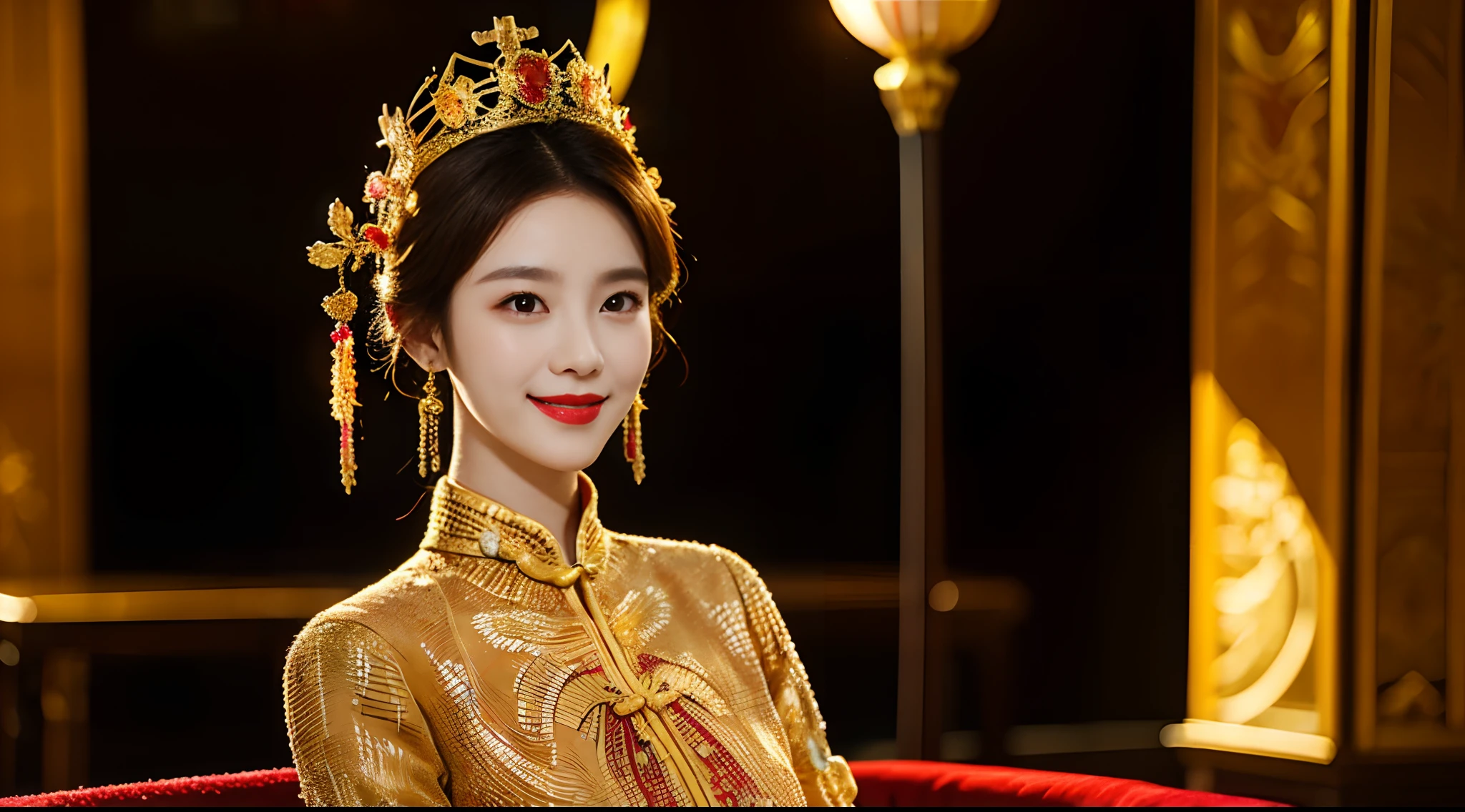 Best quality, masterpiece, 8k,detail, intricate detail, realistic cinematic lighting, (fantasy art: 1.6), (seiza: 1.1), (front: 1.2), upright, royal, majestic, queen, (huge and golden throne: 1.4), crown, close-up front, solemn, throne, upright posture, seriousness, dignity, gaze ahead, contemplation, jewelry, solo, divine ray, 2 girls, gold and red dress, golden palace,Small head, small face, slim, thin, shoulder length black straight short hair, small breasts, flat chest, smile, happy