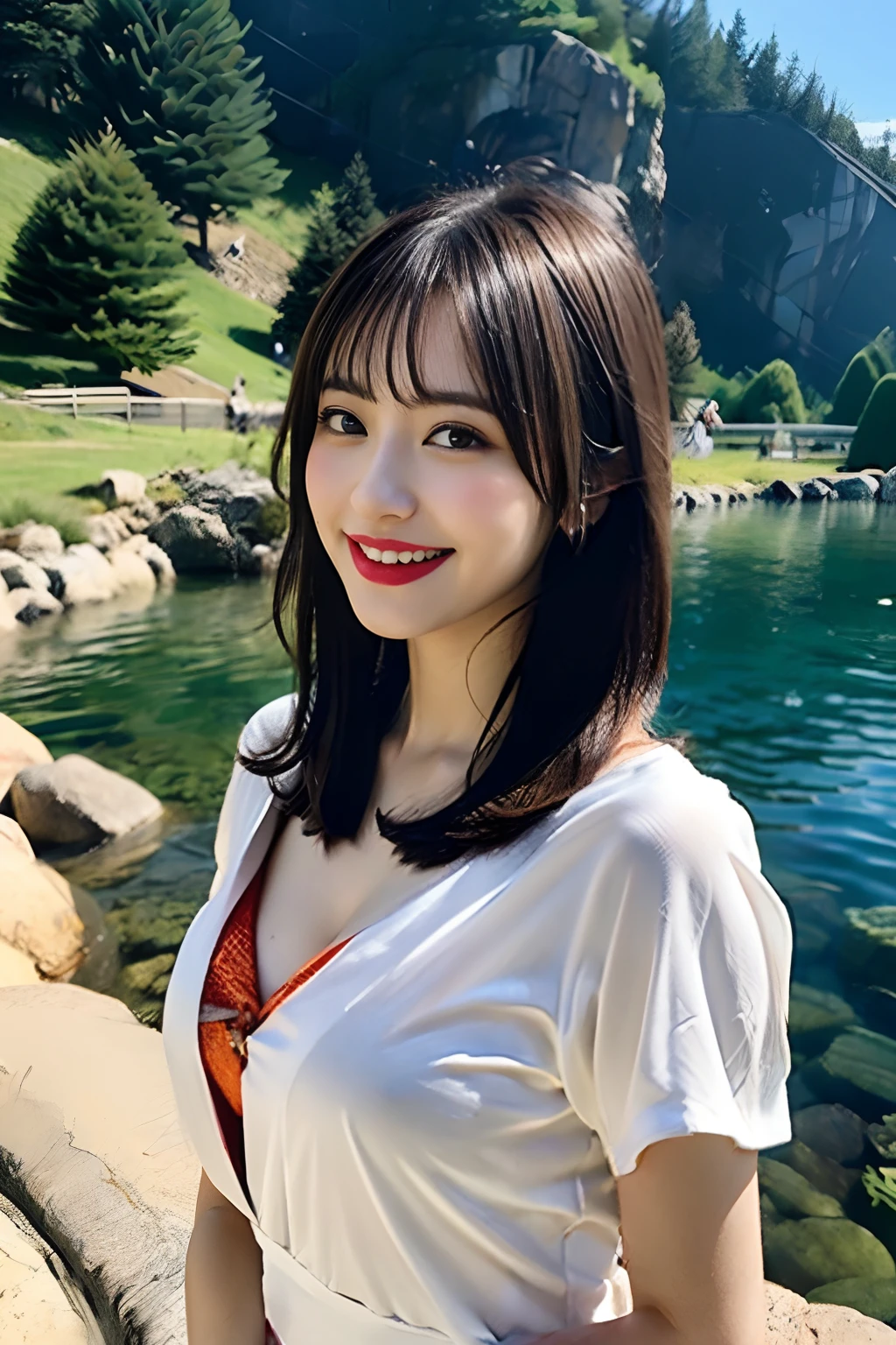 Japan Solo Idol,Pretty girl,A smile that makes the viewer happy,Dojo Character.Light brown and orange two-tone shorthair,Floating hair,Unkempt hair,Red cheeks,red lipsticks.Wet and sheer summer white dress,),(Sunlight,In the deep mountains,Rock,Snowmelt,Crystal clear water,Beautiful clear stream,)Bend over to play in the water.emphasized large swaying breasts,(The whole body is soaking wet,Soaking wet costumes ,wetting hair,Wet face,a wet body,Wet and glowing skin,)(Chest swaying from side to side:1.3), (masutepiece,top-quality,Ultra-high resolution output image,)