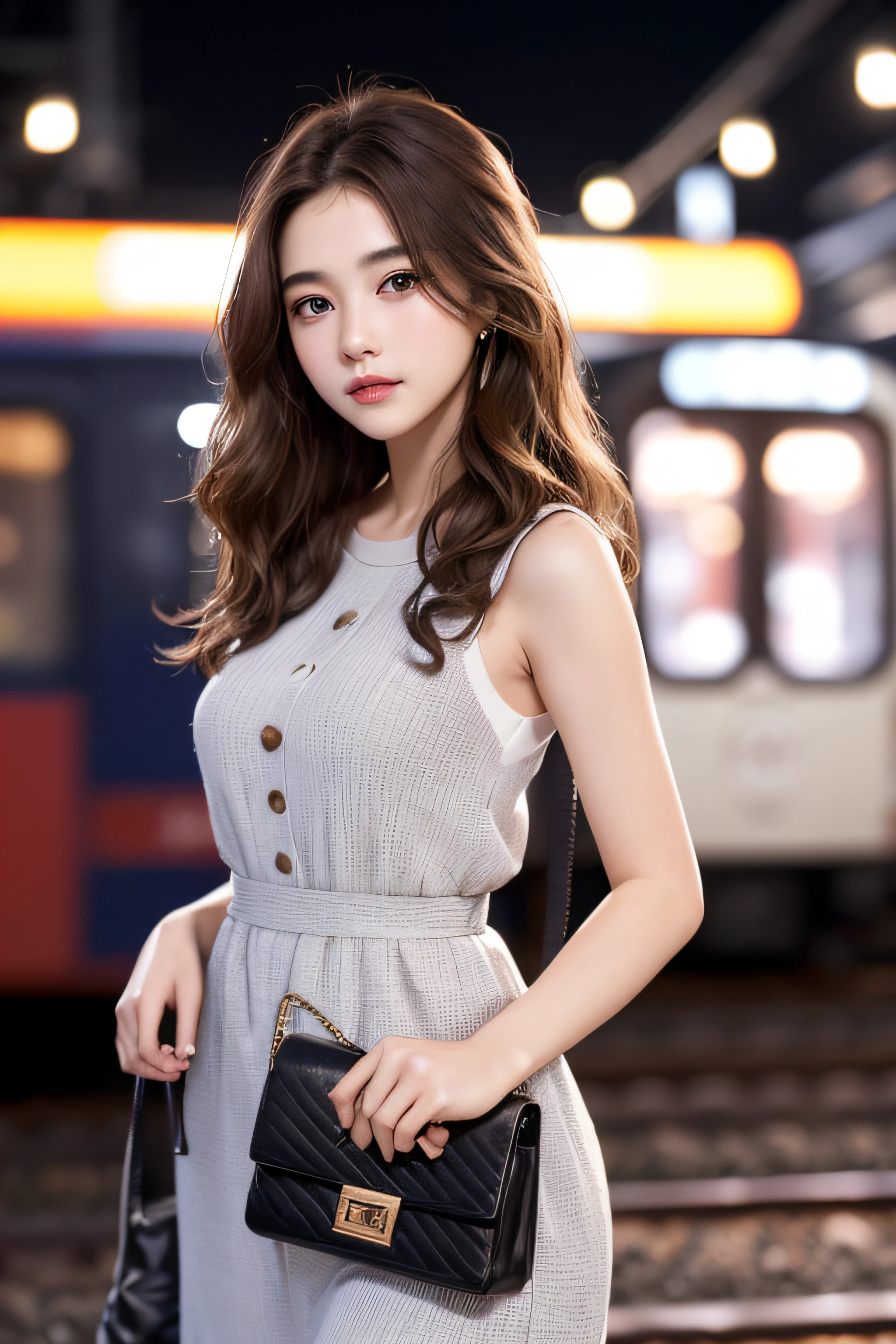 1womanl、Early 20s、(Strong-willed super beautiful woman)、(ultra beautiful faces)、Wearing makeup、Wavy brown hair、Standing on the station platform in the big city at night、Background is a stationary train、Shallow depth of field