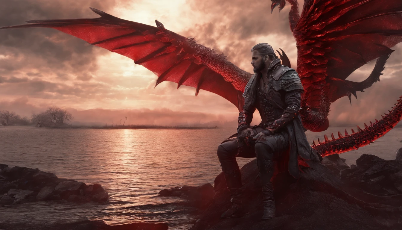 Shining angel, majestic being, chain in his HANDS, holding the dragon in the form of a serpent, strong red colors, lake of fire, fire falling from the sky, cinematic, realistic, ok