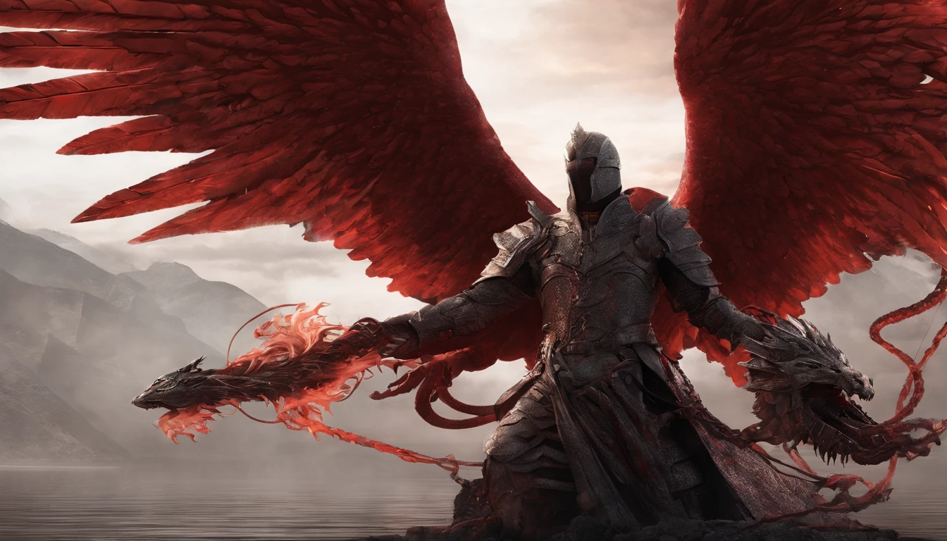 Shining angel, majestic being, chain in his HANDS, holding the dragon in the form of a serpent, strong red colors, lake of fire, fire falling from the sky, cinematic, realistic, ok