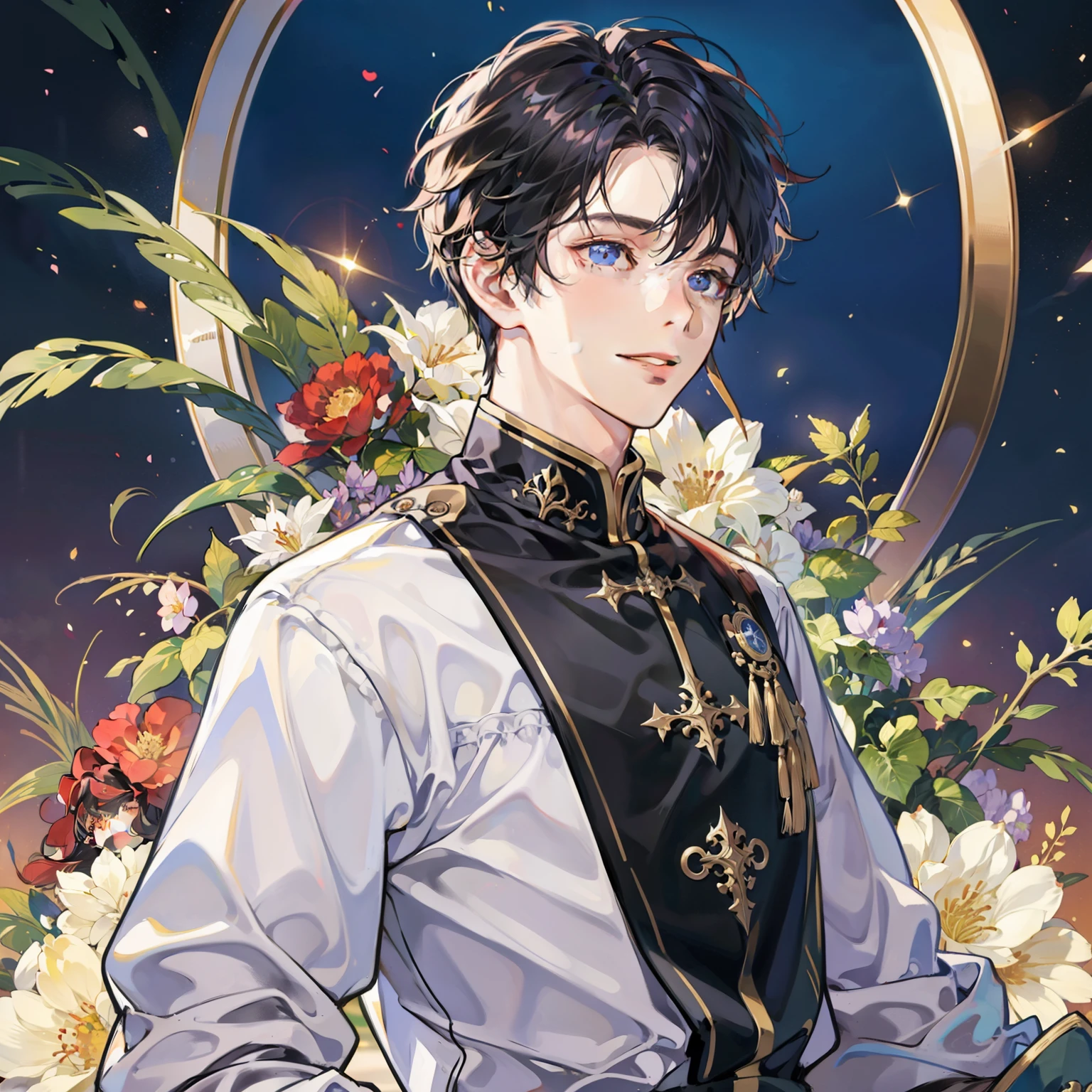 male people、in her 20s、twinks、high-level image quality、Face up、a smile、A dark-haired