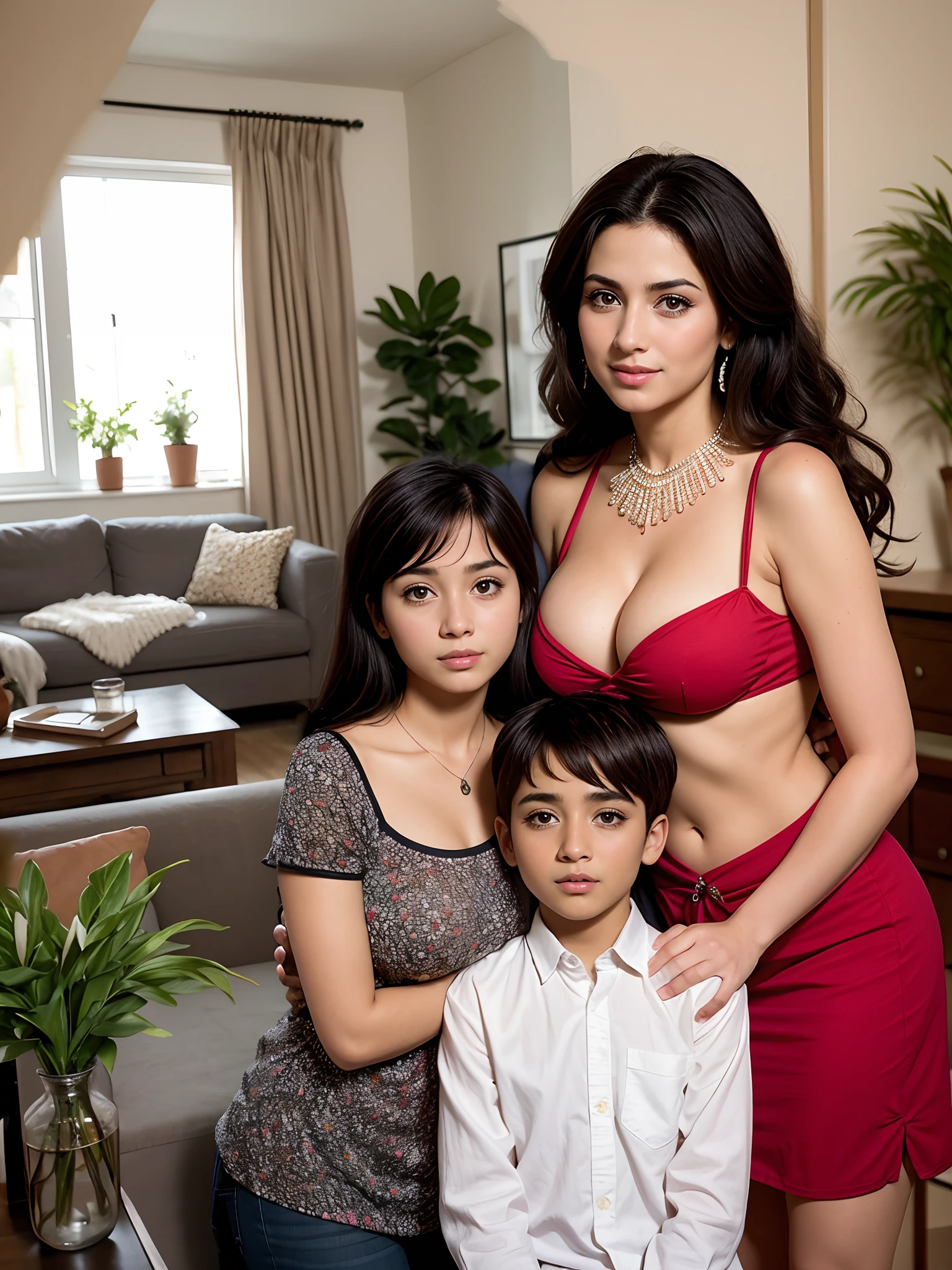 Beautiful 3 person family photo. Middle-aged Egyptian arabian Mother and son and daughter. Busty. Optimistic. Happy