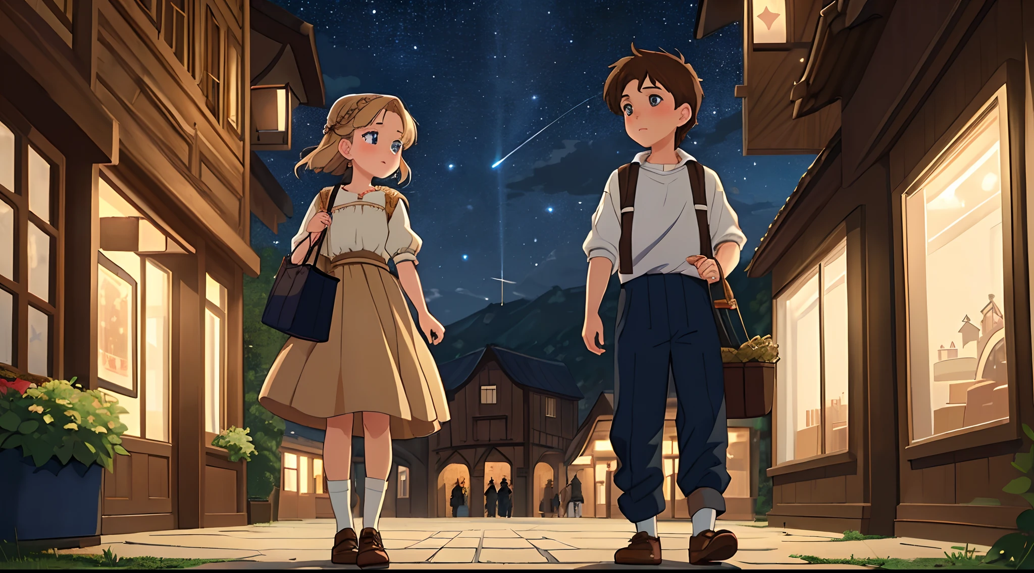 (Best quality:1.2), (masterpiece:1.2), (highly detailed:1.3), 1boy,1girl, unger peasant boy, brown hair, brown eyes, sad and 1 yor peasant girl, blonde, blue eyes , wearing shoes, outside a store, Starry sky, Sparse light, Night, anime