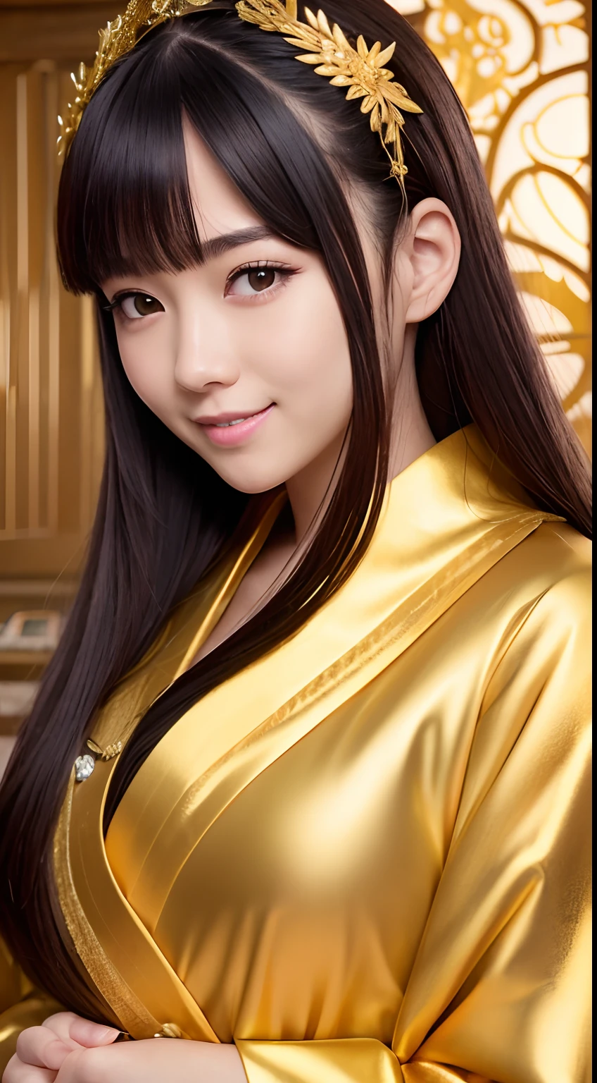 masterpiece, best quality, highres, photoreaslistic, detailed face, 1girl, upper body, golden Kanzashi hair, long hair, black hair, cute,smile, shrines, shining background, golden kimono