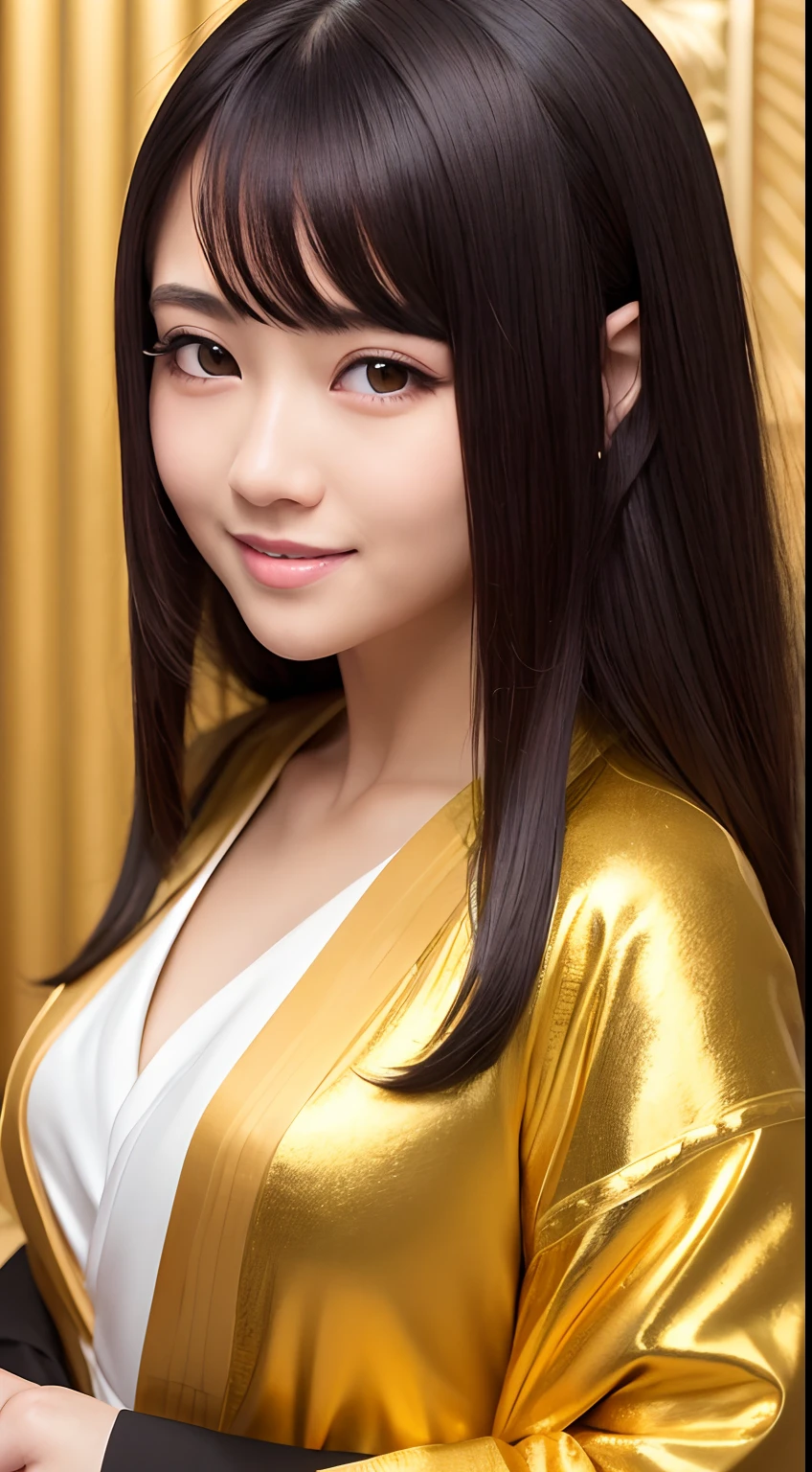 masterpiece, best quality, highres, photoreaslistic, detailed face, 1girl, upper body, golden Kanzashi hair, long hair, black hair, cute,smile, shrines, shining background, golden kimono