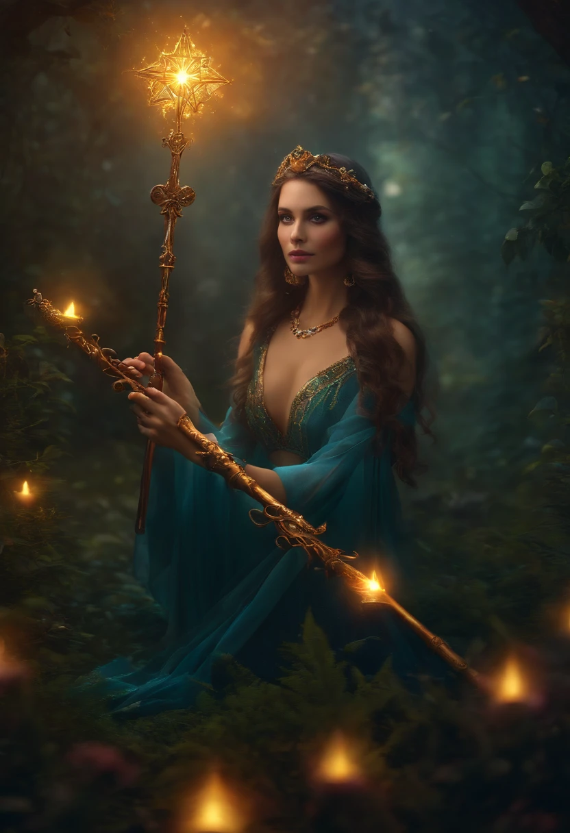 best quality, ultra-detalhado, bruxa, Magical Arts, magic wand, Besta Invocada, fundo brilhante do pentagrama