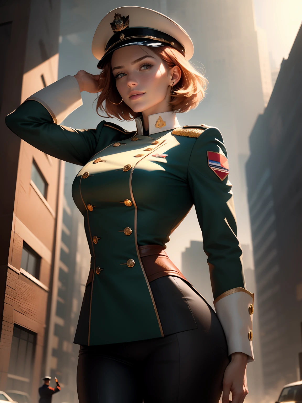 (1girl:1.4), (sfw), (clothed), (masterpiece), illustration,(realistic:1.5), (specular lighting:1.4), (hyperrealistic:1.2), (photorealistic face:1.2), (perfect face), (best quality), (8k), (4k), photorealistic, sharp focus, octane render, best quality, extremely detailed, intricate, hyper detailed, fantasy, soft lighting,(medium breasts:1.4), (skindentation:1.3), Matilda Ajan from Gundam, Matilda Agen, Matilda Ajan, looking straight at viewer, military Saluting, tan full uniform, tan color uniform, tight off-white pants, perfect body,standing straight up, military attention, military salute, officer uniform, tan military jacket, buttoned up jacket, perfect hands, military officer hat, tan color hat, warm smile, kind smile, destroyed city in the background, short auburn hair, hair slicked back, cropped hair, thigh gap