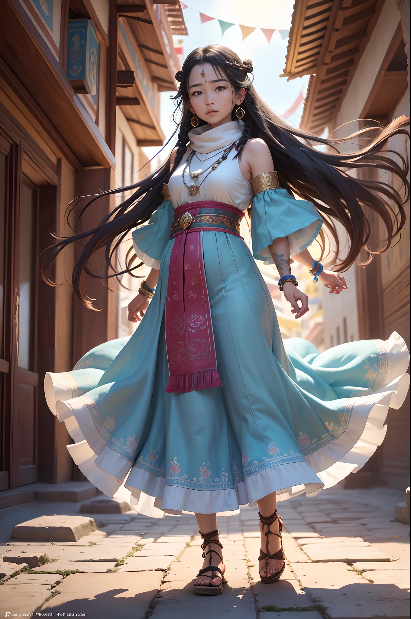 (dramatic, gritty, intense:1.4),masterpiece, best quality, 8k, insane details, intricate details, hyperdetailed, hyper quality, high detail, ultra detailed, Masterpiece,,bestquality,highdefinition,huadan,bestquality,masterpiece,highres,,(full body:1.5),depth of field,blurry,blurry background,fringe trim,bracelet,layered sleeves, puffy sleeves,,solo focus,1girl,solo,jewelry,very long hair,hair ornament,earrings,black hair,forehead mark,facial mark,wind,mole under eye,bracelet,beads,scarf ,tattoo,,braid,multiple braids,floating hair,blue eyes,,in Tibet, Potala Palace, awe-inspiring view, standing, arms wide open,amazed expression, long flowing hair, traditional Tibetan braids,rosy cheeks, wearing a vibrant Tibetan dress,adorned with colorful patterns and intricate embroidery, silver jewelry, turquoise necklace, peaceful surroundings, Himalayan mountains in the background, prayer flags fluttering in the wind, golden sunlight illuminating the palace, spiritual quest, sense of tranquility, sacred atmosphere, cultural heritage, architectural marvel.,