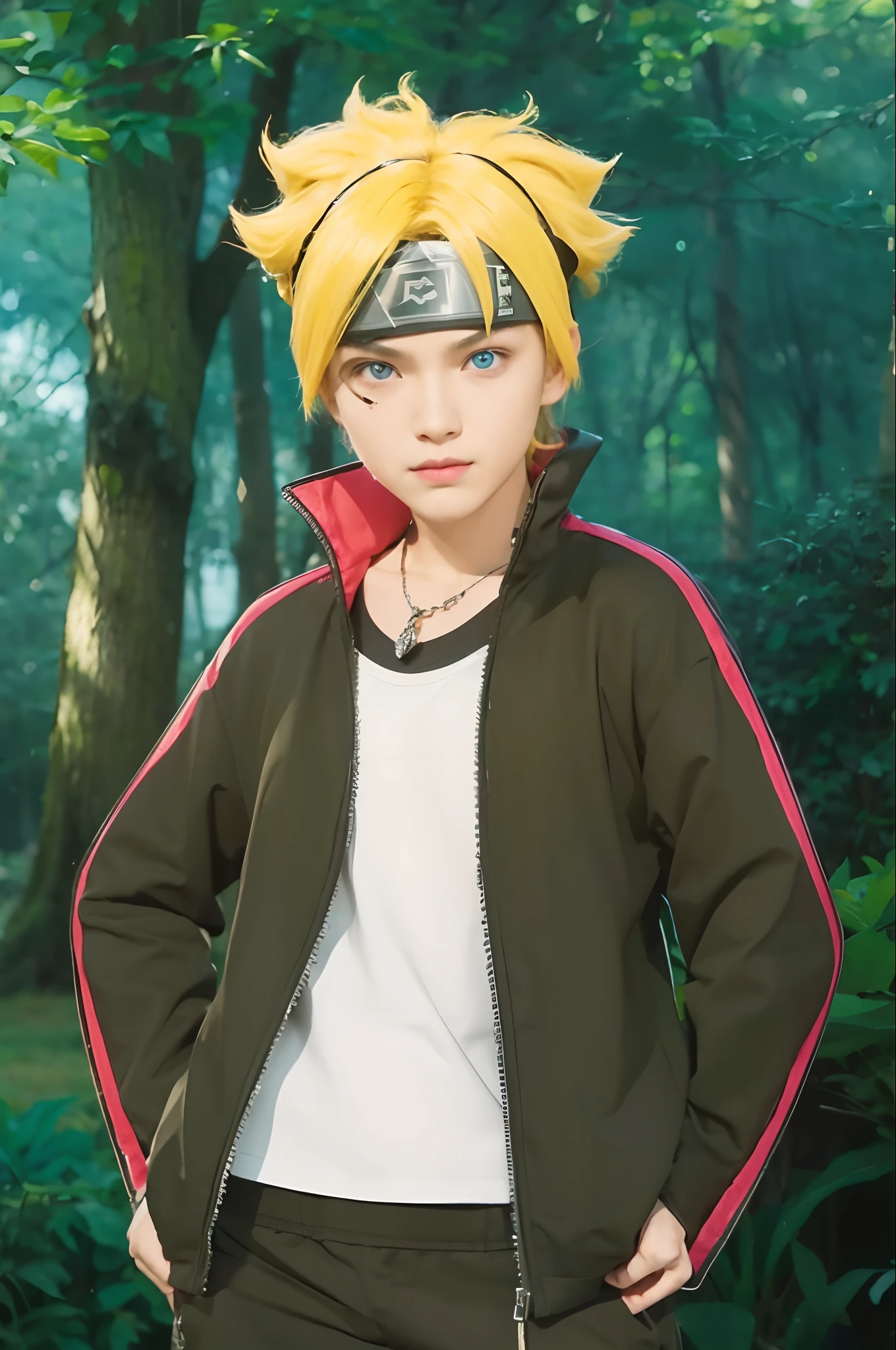 Real life adaption of this character, teen handsome face, realistic same yellow hair,wear ninja headband with metal plate on the middle of headband, realistic blue eyes, realistic outfit with wearing necklace, hyper realistic, realistic light, realistic shadow, realism,(photorealistic:1.2)