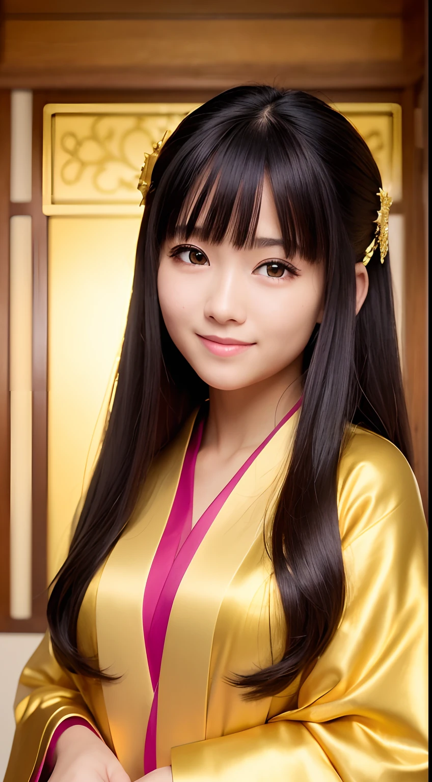 masterpiece, best quality, highres, photoreaslistic, detailed face, 1girl, upper body, golden Kanzashi hair, long hair, black hair, cute,smile, shrines, shining background, golden kimono