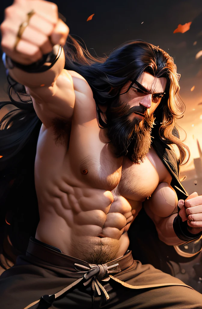 Um monge barbudo, forte, long-haired with clenched fist in battle position
