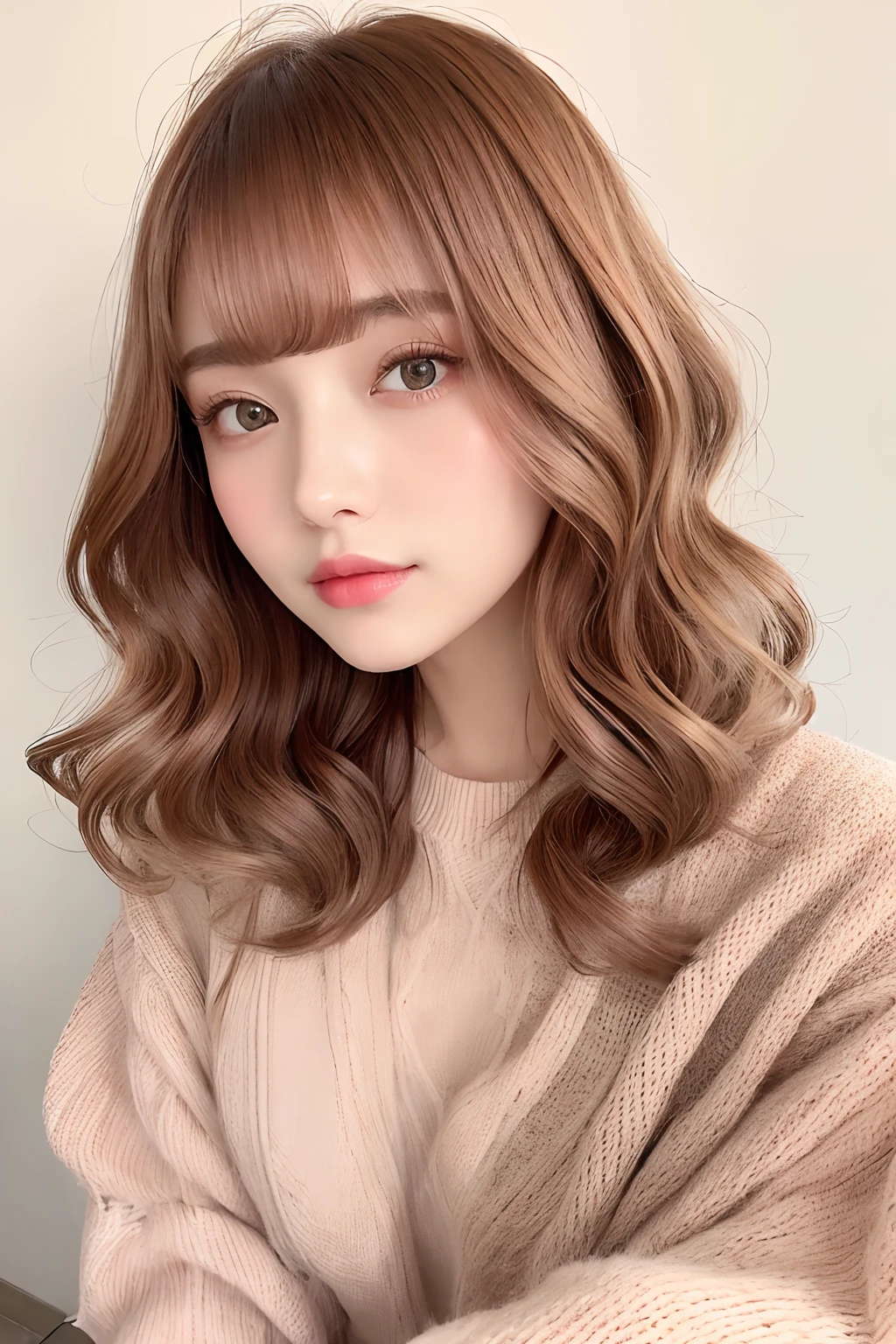 Portrait of sweet casual look hairstyle for fall and winter。Hair color is caramel brown、Styling with straight bangs and natural waves。With rose pink lip and gold eyeshadow、Reflects a cozy and sweet look。