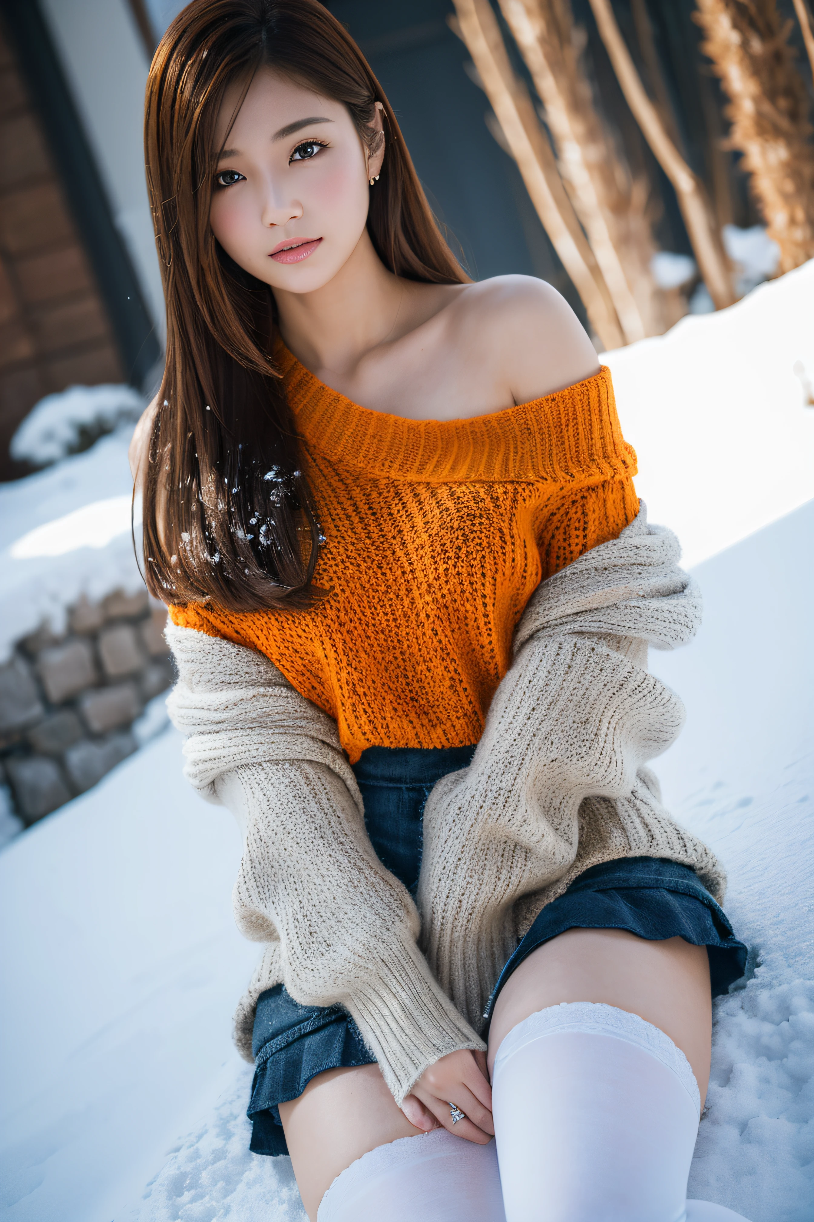 RAW photo) Winters，snow landscape，a girl wearing an orange shoulder-length sweater and miniskirt, and over-the-knee stockings，medium breasts, long hair, lacepantyhose, white underwear, Random color，long sweater，depth of fields，Real light，Ray traching，OC renderer，UE5 renderer，Hyper-realistic，best qualtiy，8K，Works of masters，super-fine，Detailed pubic hair，Correct anatomy.