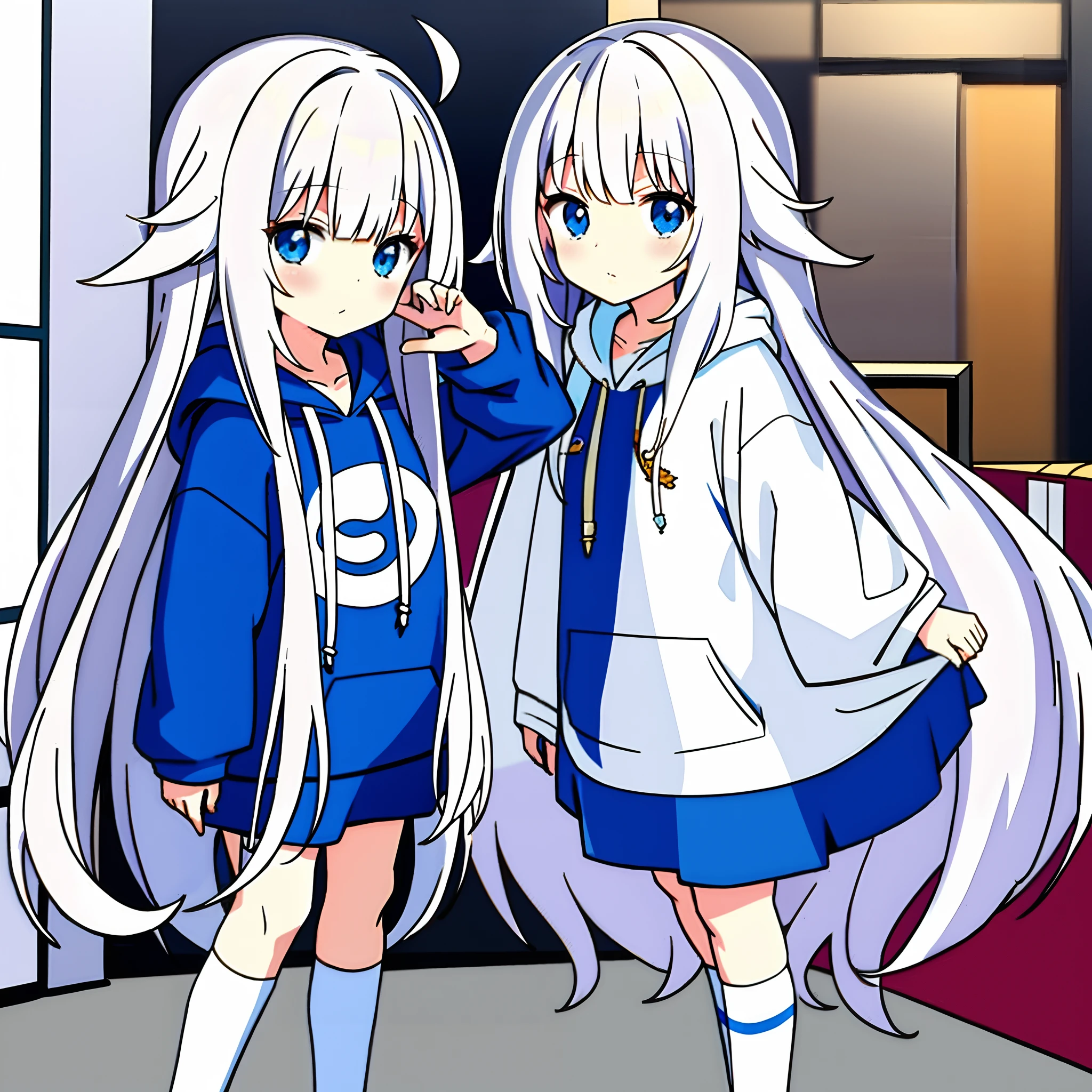 long whitr hair，hoody，anime big breast，（5  A little giolable）is shy,（White color hair）, By bangs，face to the viewer