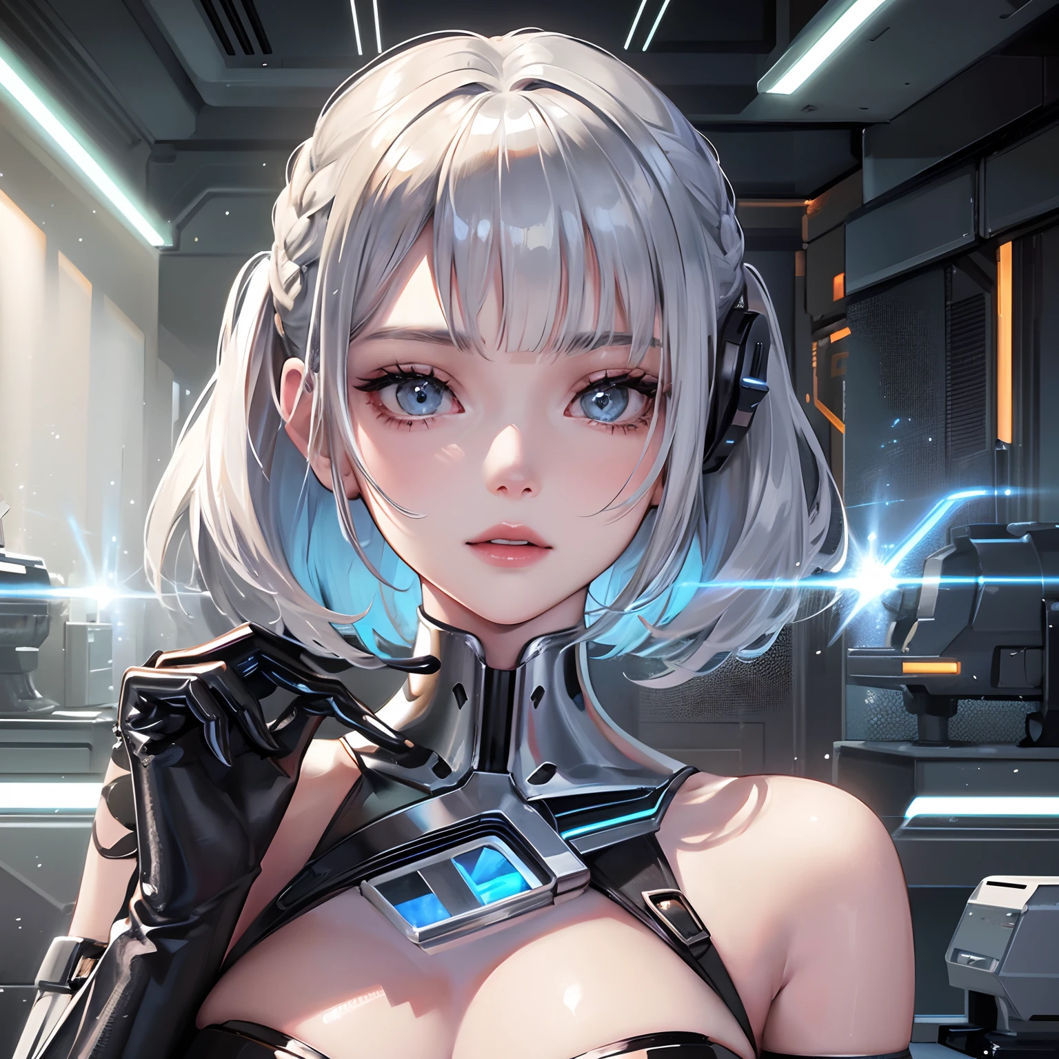 finest image, portrait, detailed and delicate depiction, the face is human and the body is chrome plated mechanical parts sexy beautiful cute android cyborg female is working on replacing her abdominal parts, light silver glossy braided bangs short hair, precise and detailed parts, sparks fly, background, warehouse, repair plant, spark, professional lighting