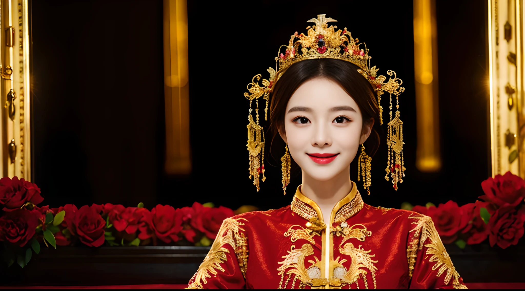Best quality, masterpiece, 8k,detail, intricate detail, realistic cinematic lighting, (fantasy art: 1.6), (seiza: 1.1), (front: 1.2), upright, royal, majestic, queen, (huge and golden throne: 1.4), crown, close-up front, solemn, throne, upright posture, seriousness, dignity, gaze ahead, contemplation, jewelry, solo, divine ray, 2 women, gold and red dress, golden palace,Small head, small face, slim, thin, shoulder length black straight short hair, small breasts, flat chest, smile, happy