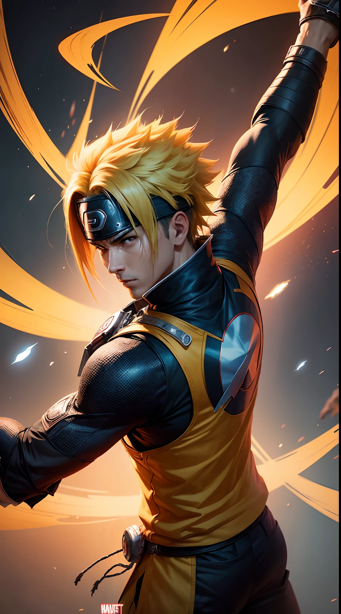 A 17 year old male character . With powers of a God. His hair is yellow, he has a yellow aura and he doesn't have a shirt . And there's an angel mark on his back