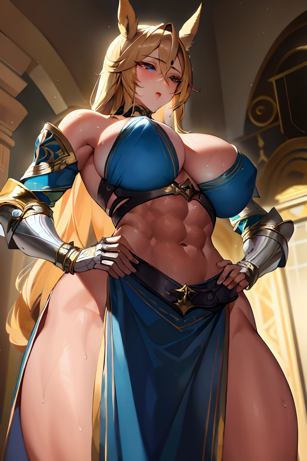 (masterpiece:1.2), (best quality:1.2), perfect eyes, perfect face, perfect lighting, 1girl, mature female ,paladin, blonde,muscular,abs,sweat,steam,horse ears, fantasy, detailed background