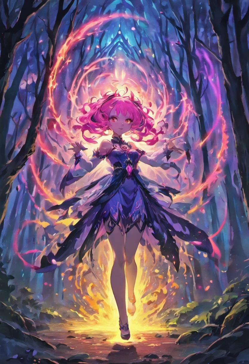 (a pink-haired demon woman,spells:1.1,glowing:1.1)(illustration)(best quality,ultra-detailed,realistic:1.37),demonic witch(demonic:1.1)(magic:1.1)(forest)(dark and mysterious,ominous atmosphere),casting powerful spells,creating magical energy(magic:1.1),vibrant pink hair(swirling pink hair)(flowing pink hair),horns(devil horns:1.1),piercing red eyes,enchanted scepter(magical scepter),elaborate dark robe,glowing magical sigils,fiery embers swirling(magical embers:1.1)(glowing embers),magical aura(glowing aura),eerie shadows,otherworldly presence(presence),sinister smile,nightfall in the background(dark night:1.1)(moonlit forest),lush and dense foliage(twisted trees)(mystical plants:1.1),mystical particles(swirling particles)(floating particles),ethereal glow(ethereal:1.1)(soft glow),faint moonlight breaking through the trees,haunting and captivating(scary atmosphere),bewitching beauty,wide range of colors(vivid colors)(contrasting colors),mystical realm,impressive details,dynamic composition,mesmerizing artwork,photorealistic style(picasso style),impressive shading and lighting,explosive energy,magical atmosphere(fantasy atmosphere),dreamlike scene