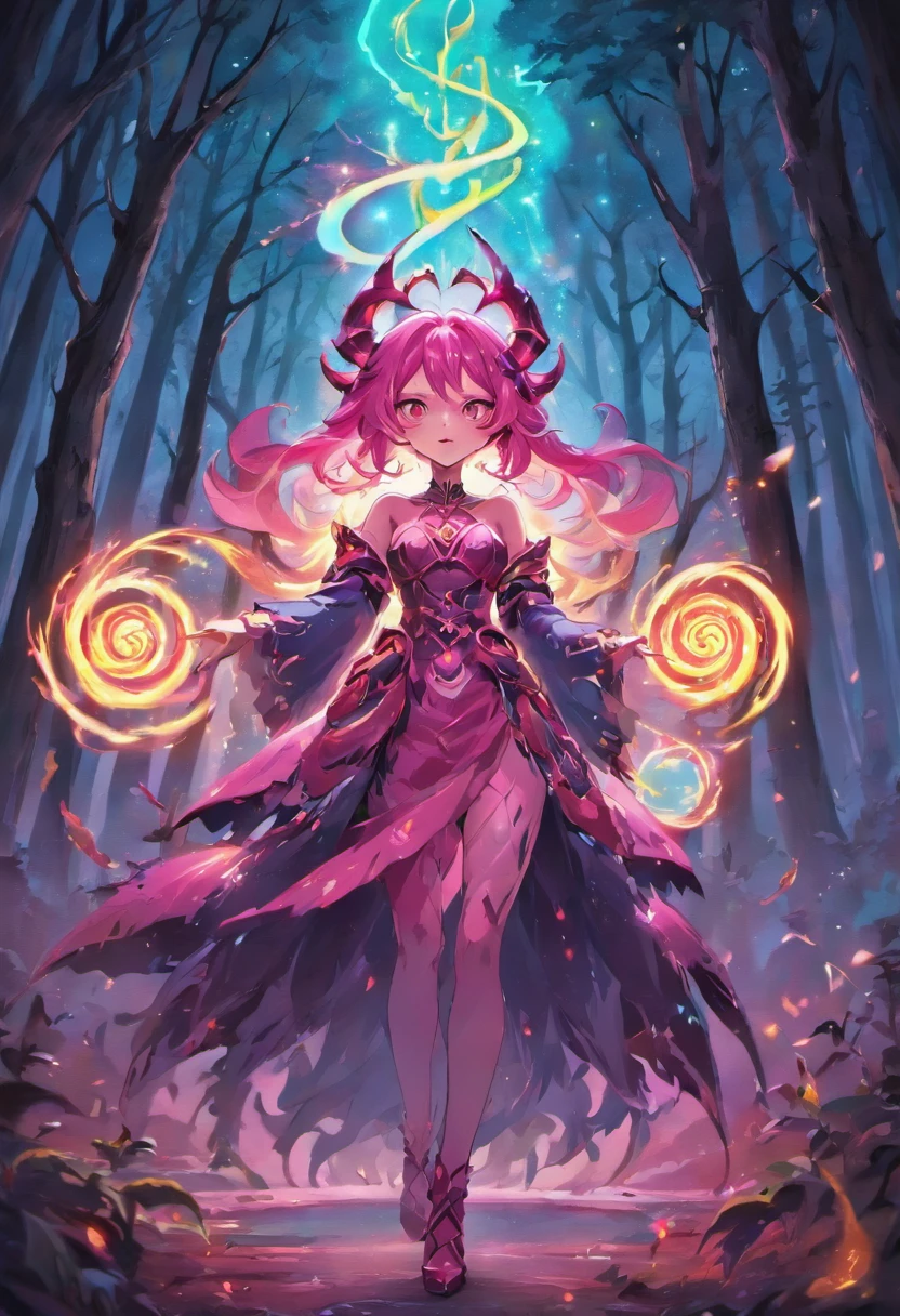 (a pink-haired demon woman,spells:1.1,glowing:1.1)(illustration)(best quality,ultra-detailed,realistic:1.37),demonic witch(demonic:1.1)(magic:1.1)(forest)(dark and mysterious,ominous atmosphere),casting powerful spells,creating magical energy(magic:1.1),vibrant pink hair(swirling pink hair)(flowing pink hair),horns(devil horns:1.1),piercing red eyes,enchanted scepter(magical scepter),elaborate dark robe,glowing magical sigils,fiery embers swirling(magical embers:1.1)(glowing embers),magical aura(glowing aura),eerie shadows,otherworldly presence(presence),sinister smile,nightfall in the background(dark night:1.1)(moonlit forest),lush and dense foliage(twisted trees)(mystical plants:1.1),mystical particles(swirling particles)(floating particles),ethereal glow(ethereal:1.1)(soft glow),faint moonlight breaking through the trees,haunting and captivating(scary atmosphere),bewitching beauty,wide range of colors(vivid colors)(contrasting colors),mystical realm,impressive details,dynamic composition,mesmerizing artwork,photorealistic style(picasso style),impressive shading and lighting,explosive energy,magical atmosphere(fantasy atmosphere),dreamlike scene
