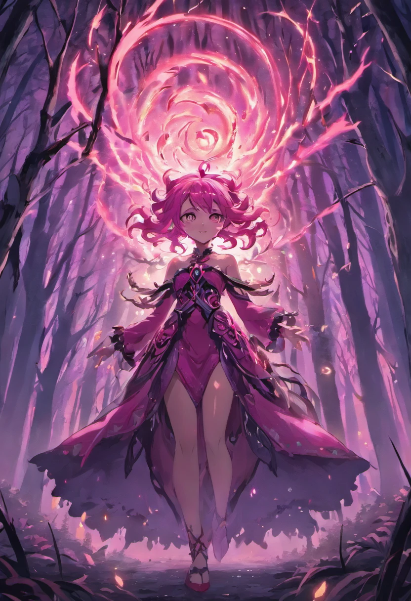 (a pink-haired demon woman,spells:1.1,glowing:1.1)(illustration)(best quality,ultra-detailed,realistic:1.37),demonic witch(demonic:1.1)(magic:1.1)(forest)(dark and mysterious,ominous atmosphere),casting powerful spells,creating magical energy(magic:1.1),vibrant pink hair(swirling pink hair)(flowing pink hair),horns(devil horns:1.1),piercing red eyes,enchanted scepter(magical scepter),elaborate dark robe,glowing magical sigils,fiery embers swirling(magical embers:1.1)(glowing embers),magical aura(glowing aura),eerie shadows,otherworldly presence(presence),sinister smile,nightfall in the background(dark night:1.1)(moonlit forest),lush and dense foliage(twisted trees)(mystical plants:1.1),mystical particles(swirling particles)(floating particles),ethereal glow(ethereal:1.1)(soft glow),faint moonlight breaking through the trees,haunting and captivating(scary atmosphere),bewitching beauty,wide range of colors(vivid colors)(contrasting colors),mystical realm,impressive details,dynamic composition,mesmerizing artwork,photorealistic style(picasso style),impressive shading and lighting,explosive energy,magical atmosphere(fantasy atmosphere),dreamlike scene