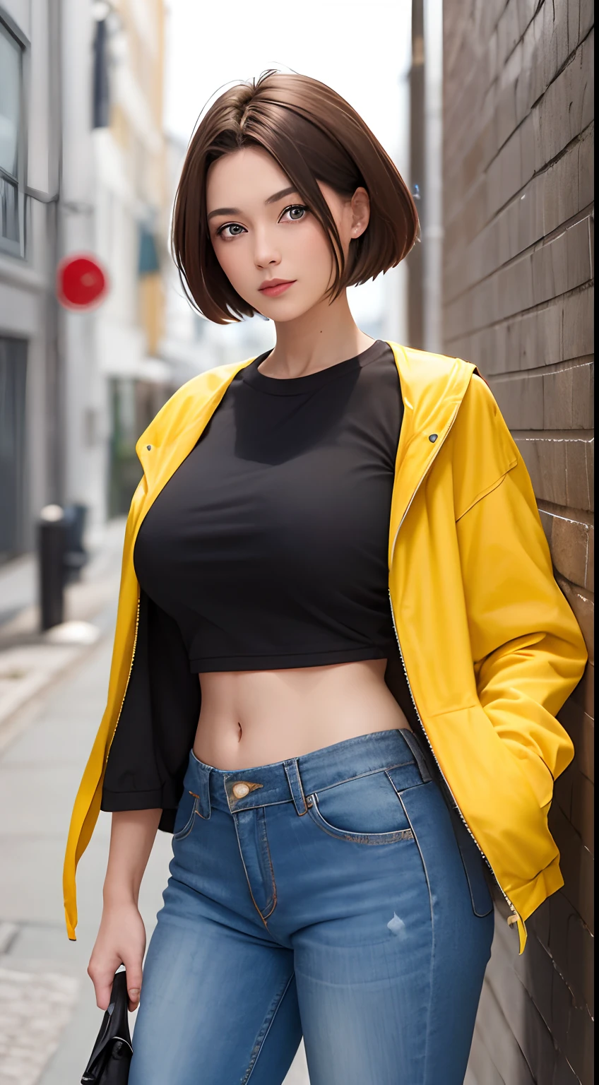 A girl with brown hair and huge breast,short hair,blue eyes,yellow t-shirt,extra clothes,black jacket ,open jacket,black pants,standing in Alley
