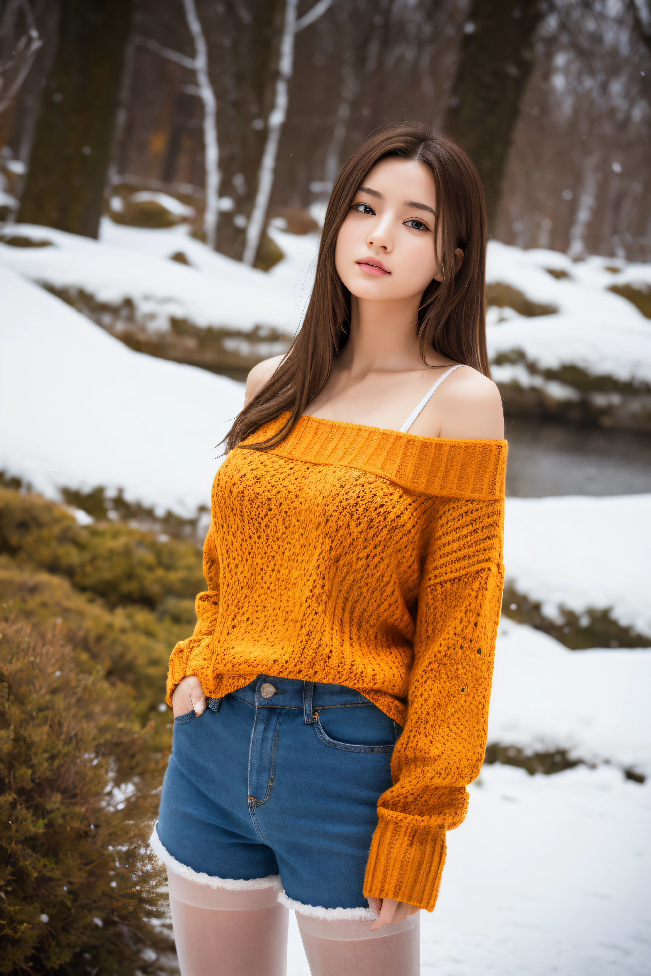 (RAW photo) Winters，snow landscape，a girl wearing an orange shoulder-length sweater and wool shorts，medium breasts, long hair, lacepantyhose, white underwear, Random color，long sweater，depth of fields，Real light，Ray traching，OC renderer，UE5 renderer，Hyper-realistic，best qualtiy，8K，Works of masters，super-fine，Detailed pubic hair，Correct anatomy.