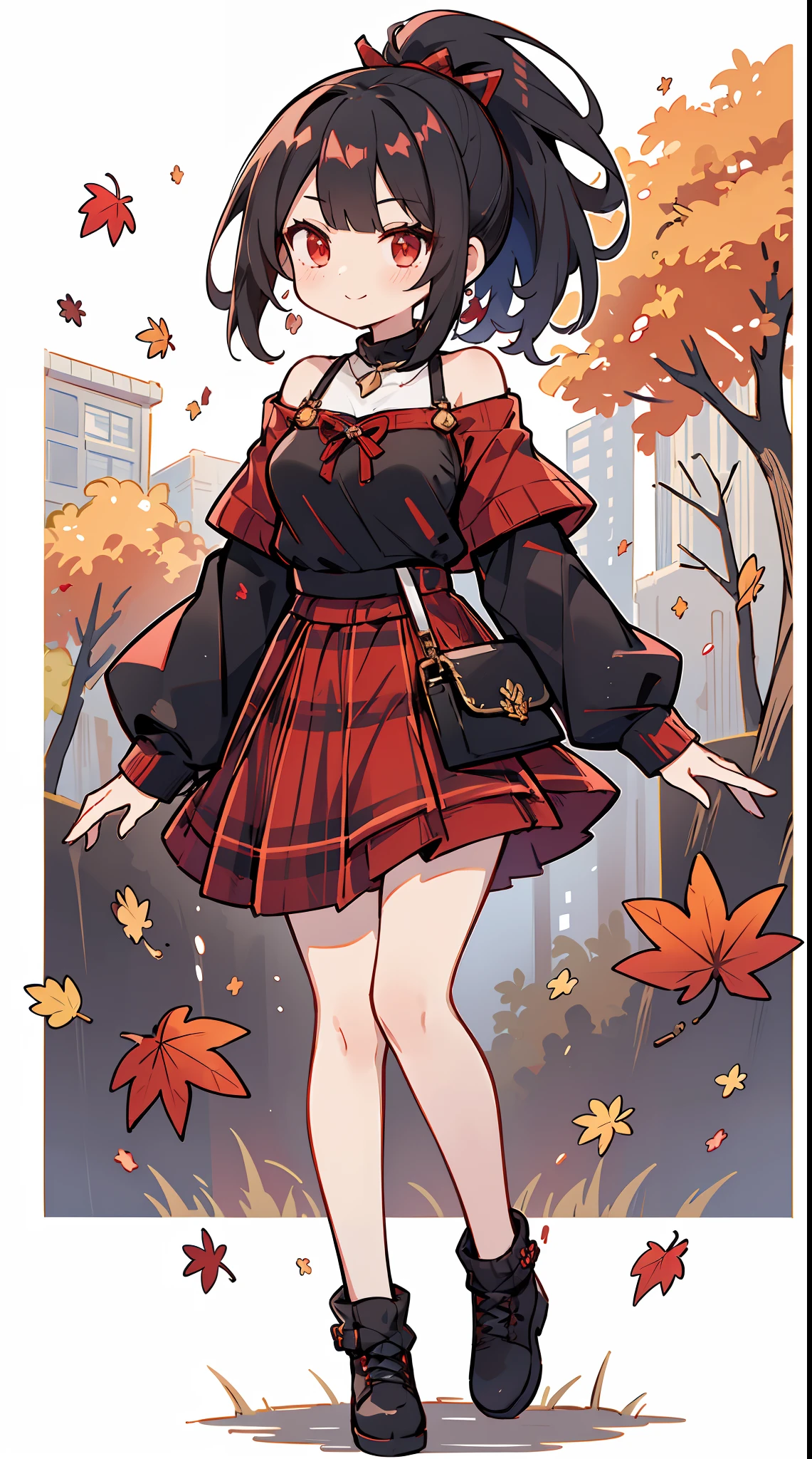 Best Quality,masutepiece,1girl in,my,(slender:1.3),medium breasts,(Black hair:1.3),(Ponytail:1.1),(oblique bangs:1.3),(Detailed red eyes:1.1),(Smile:0.8),Autumn,Maple rows,(Sense of depth:1.2),white off-shoulder sweater, (plaid skirts, Red skirt:1.2),(Walking:1.1),