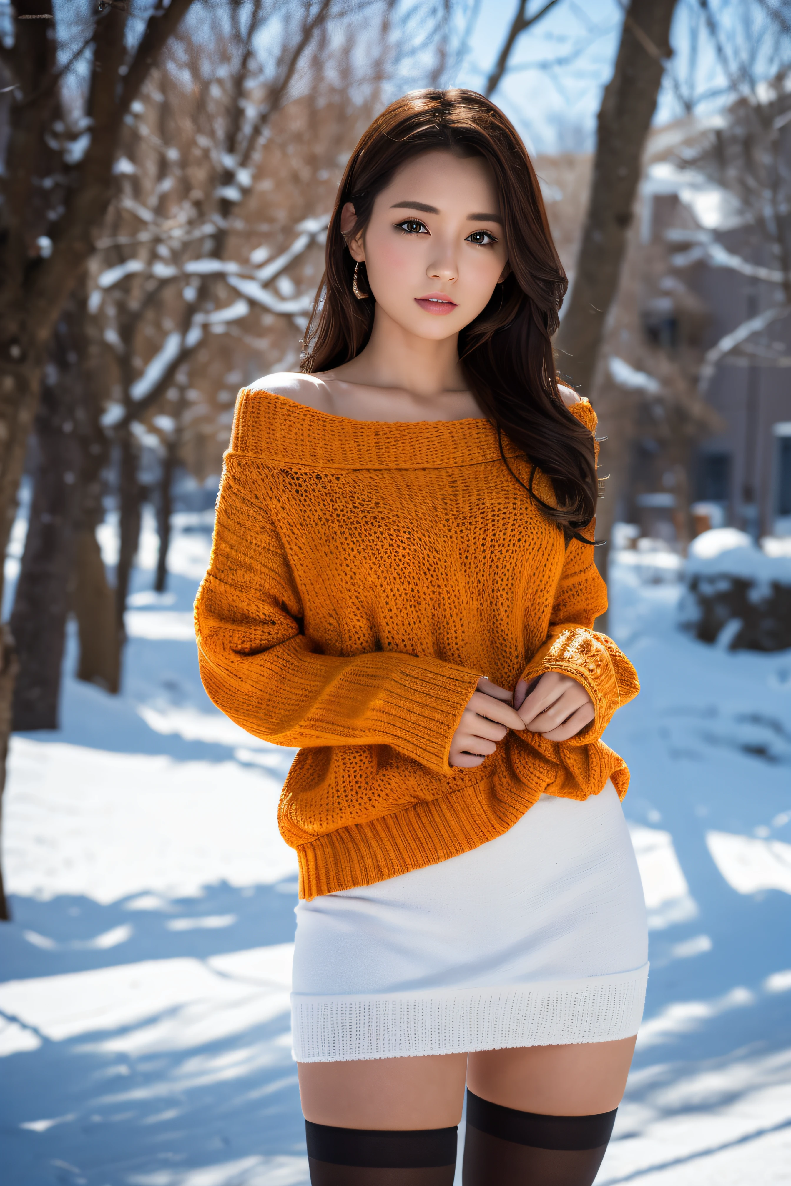RAW photo) Winters，snow landscape，a girl wearing an orange shoulder-length sweater and miniskirt, and over-the-knee stockings，medium breasts, long hair, lacepantyhose, white underwear, Random color，long sweater，depth of fields，Real light，Ray traching，OC renderer，UE5 renderer，Hyper-realistic，best qualtiy，8K，Works of masters，super-fine，Detailed pubic hair，Correct anatomy.