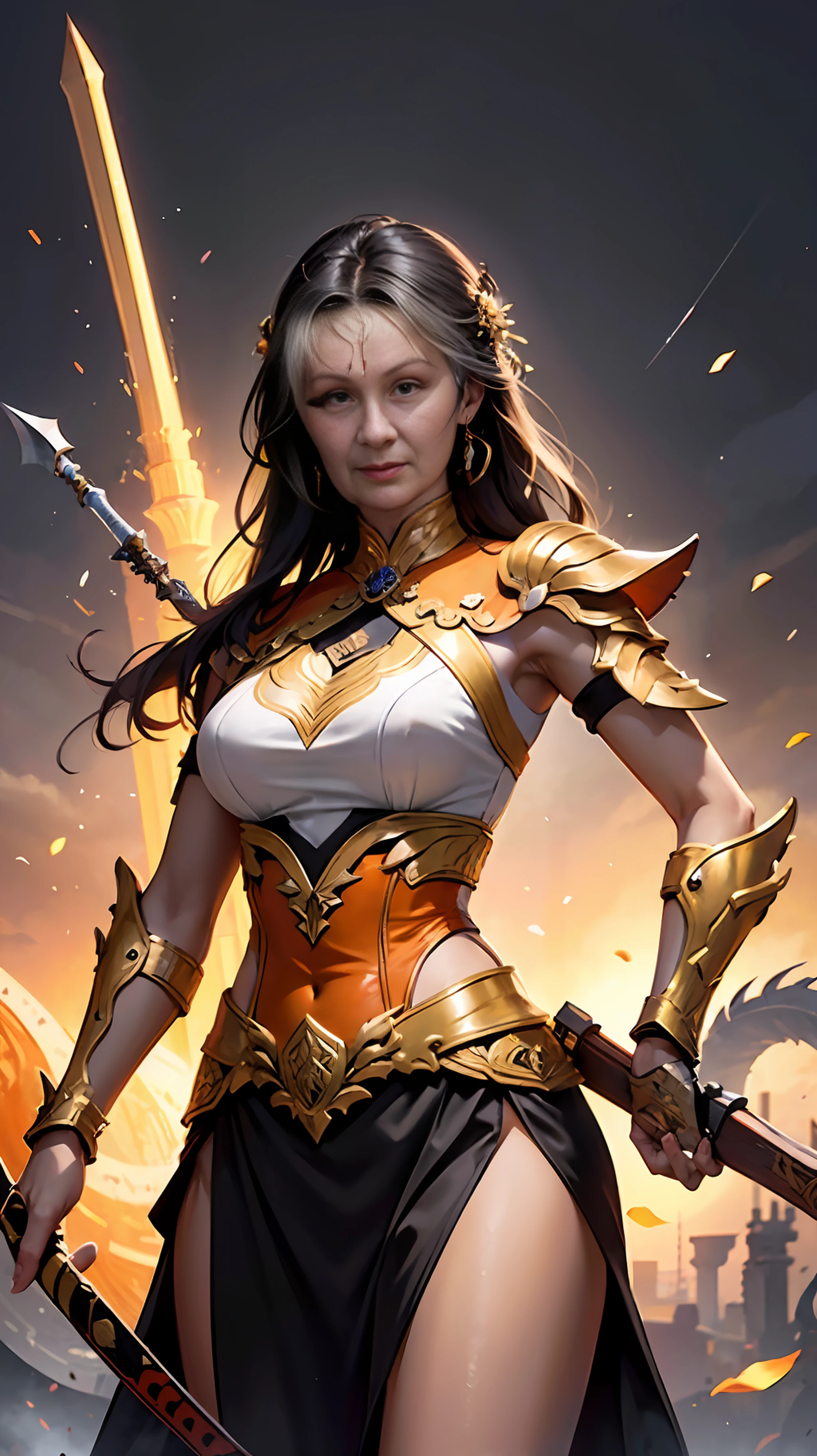 ((best quality)) , ((masterpiece)) , (detailed),a woman in armor holding an arrow, in the style of light blue and green, dark brown and orange, realistic yet fantastical, dark brown and gold, detailed and intricate