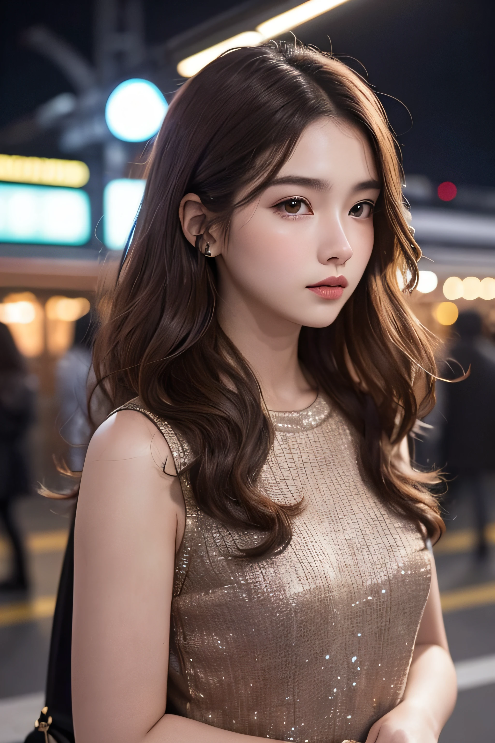 1womanl、Early 20s、(Strong-willed super beauty)、(ultra beautiful faces)、Wearing makeup、Wavy brown hair、Standing on the station platform in the big city at night、Background is a stationary train、Shallow depth of field