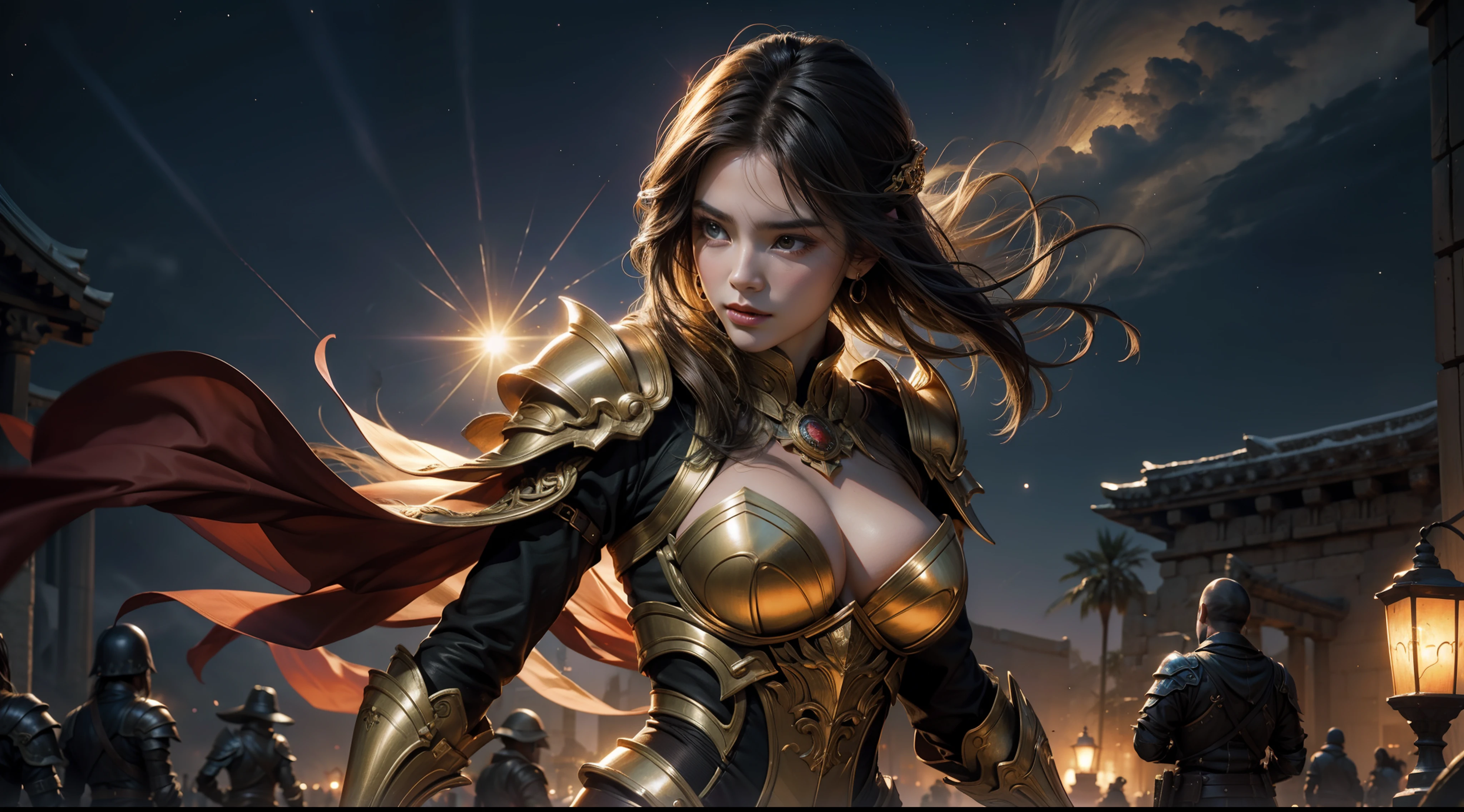 (tmasterpiece,top-quality,best qualityer,offcial art,Beauty and aesthetics:1.2),(tmasterpiece:1.3), (8k, realisticlying, RAW photos, best qualtiy: 1.4), beauitful face, (photorealiscic face), absurderes, Attractive, 超高分辨率, Ultra photo realsisim, highly detailed, the golden ratio, (Close portrait:1.3),(femele:1.4),(big breasts beautiful: 1.4),(carismatic:1.3),Goddess of War,Large breasts,Heavy armor,The background is ancient Greece,dynamicposes,Fighting posture,dramatics,the night,starrysky,galactic,solar eclipse,mito,