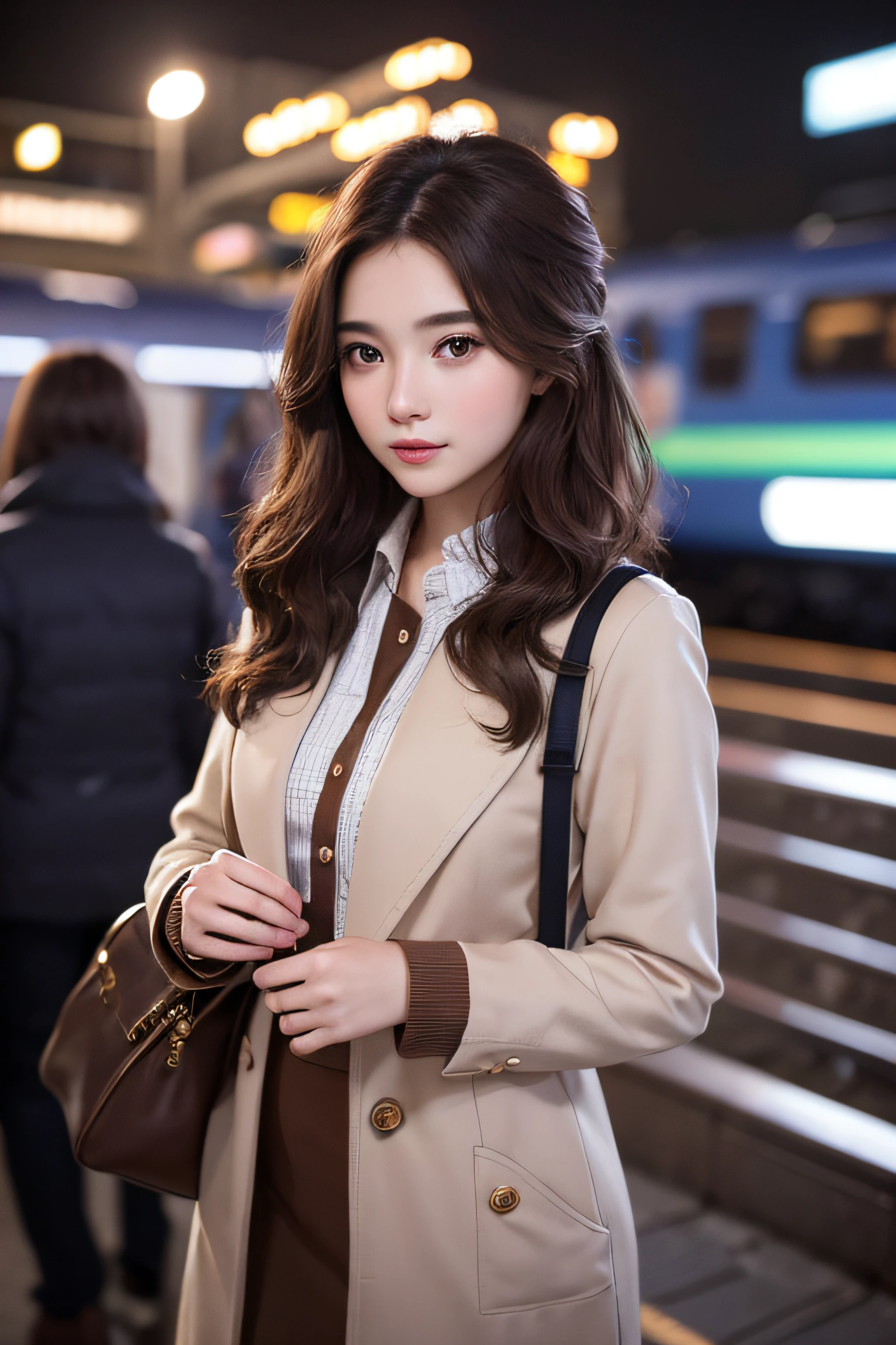 1womanl、Early 20s、(Strong-willed super beauty)、(ultra beautiful faces)、Wearing makeup、Wavy brown hair、Standing on the station platform in the big city at night、Background is a stationary train、Shallow depth of field