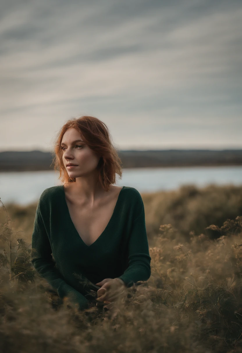 melhor qualidade, obra prima, uma imagem super realista, ultra detalhada, pele com textura realista, 4K分辨率, obro prima, fotografia profissional, Make a realistic image of a 20-year-old girl with straight red hair and bangs, de olhos verdes, bonita e rosto meigo, usando uma blusa branca justa ao corpo com casaco cardigam primavera outono na cor rosa chiclete por cima,