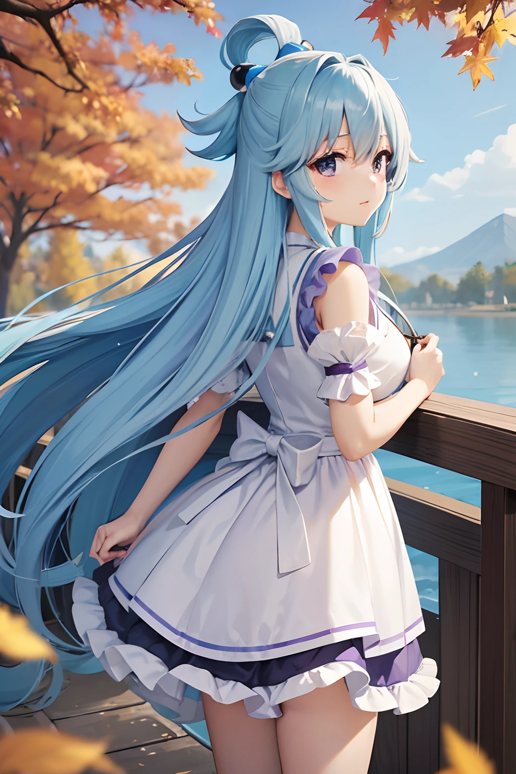 masterpiece, top-quality, Princess_aqua_Konosuba, Purple and white dress, Black eyes, Light blue long hair、 standingn, (borgar: 1.1), clouds, Landscape of autumn leaves