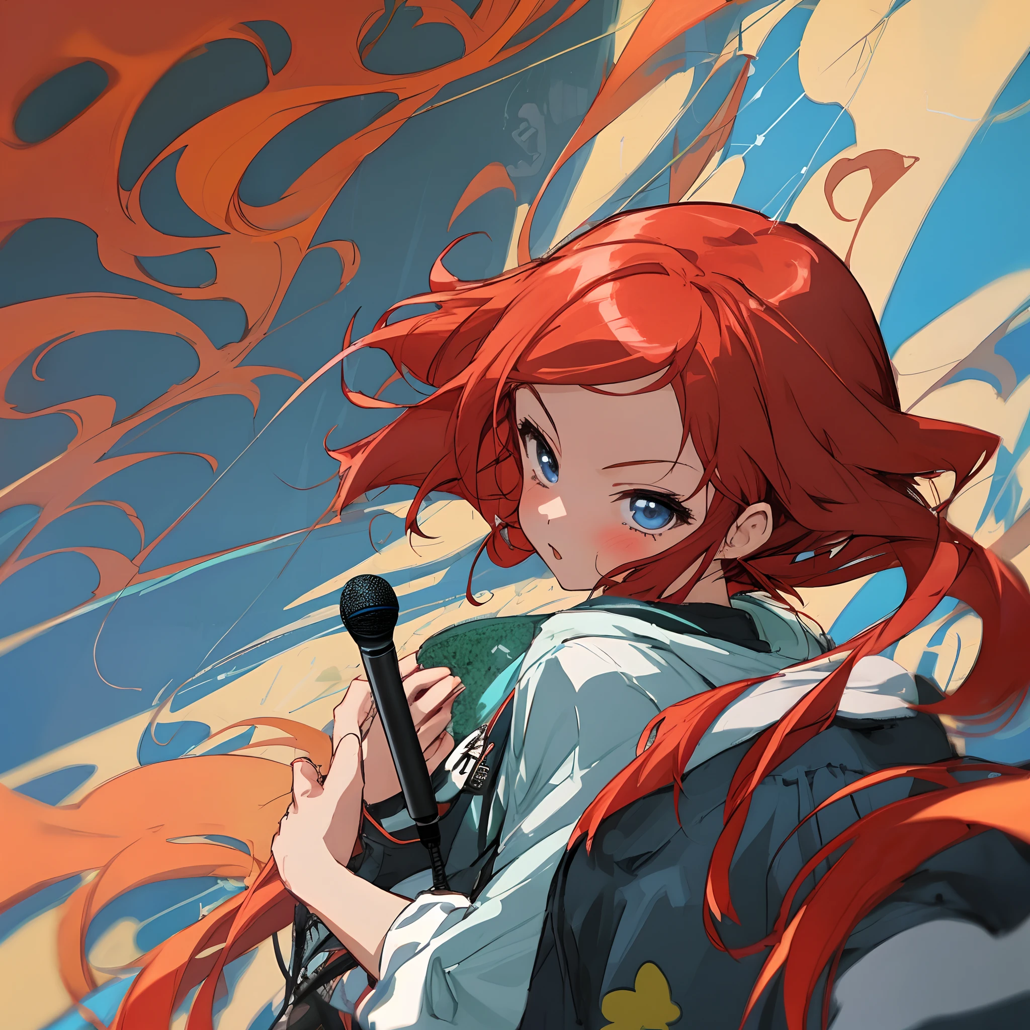 Beautiful girl with red hair,Anime style,Bocaro style,Background Black,microphone,a cool,Street Fashion,Facing forward,,,,,,,,,,,,,,,,,