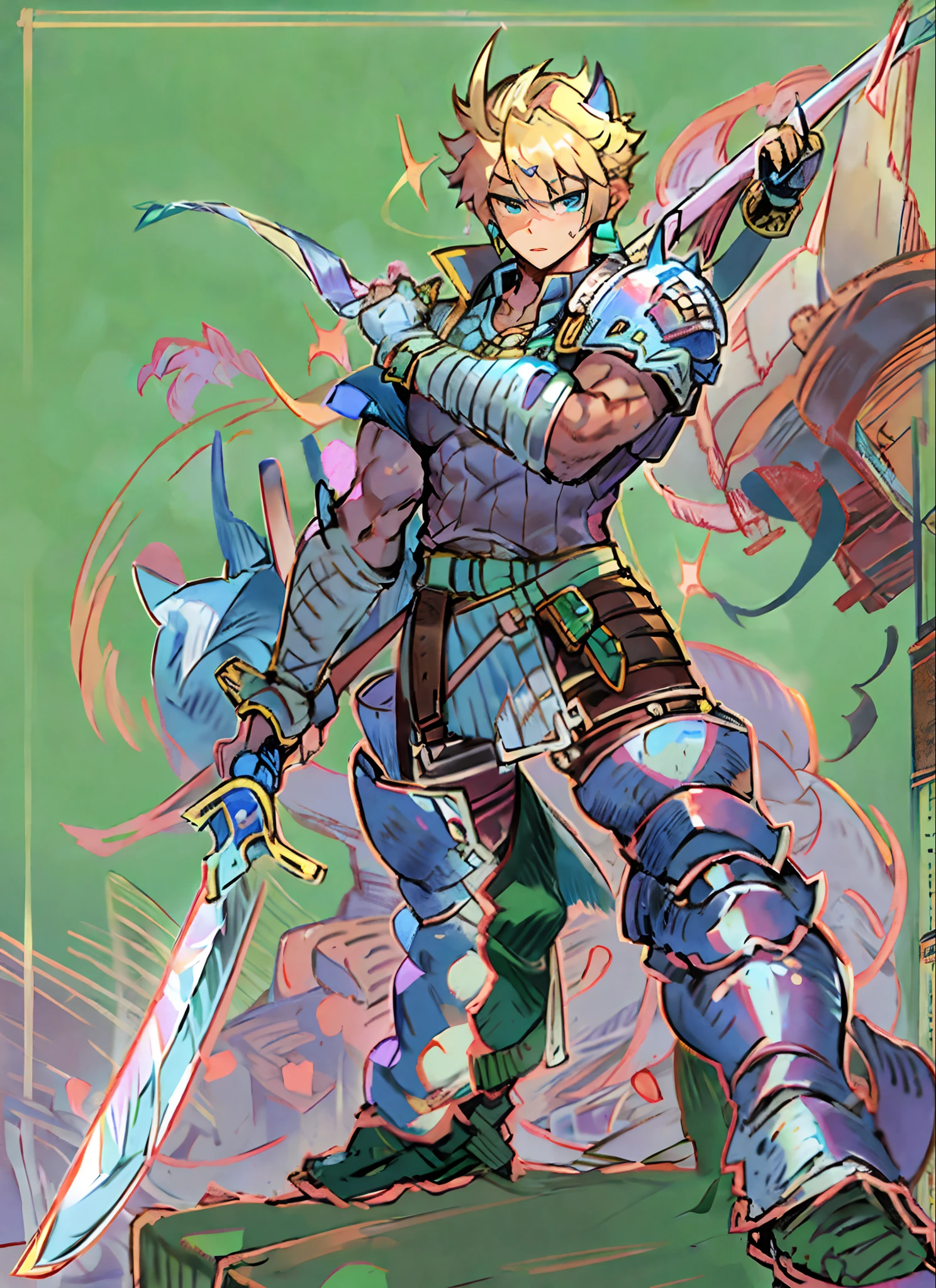 hungry clicker,  sketch, cloud strife, 1boy, armor, blonde hair, blue eyes, closed mouth, earrings, fusion swords, high collar, jewelry, looking at viewer, male focus, masculine body, Muscular body, Imposing body, Imposing appearance, muscular arms, muscular legs, only body, trapezoid torso, sturdy body, muscular body, defined round and fleshy pecs, defined washboard ABS, defined arms, defined legs, dynamic pose over shoulder, ribbed shirt, shirt, short hair, shoulder armor, shoulder belt, single bare shoulder, single earring, sleeveless, sleeveless shirt, solo, spiked hair, sword, sword over shoulder, upper body, weapon, weapon over shoulder, ((masterpiece))