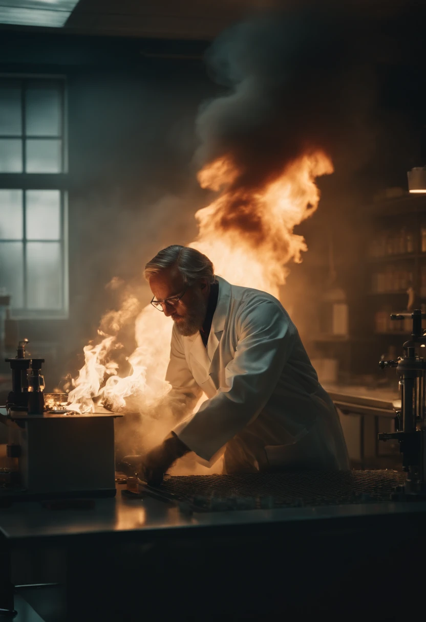 scientist in a lab on fire
