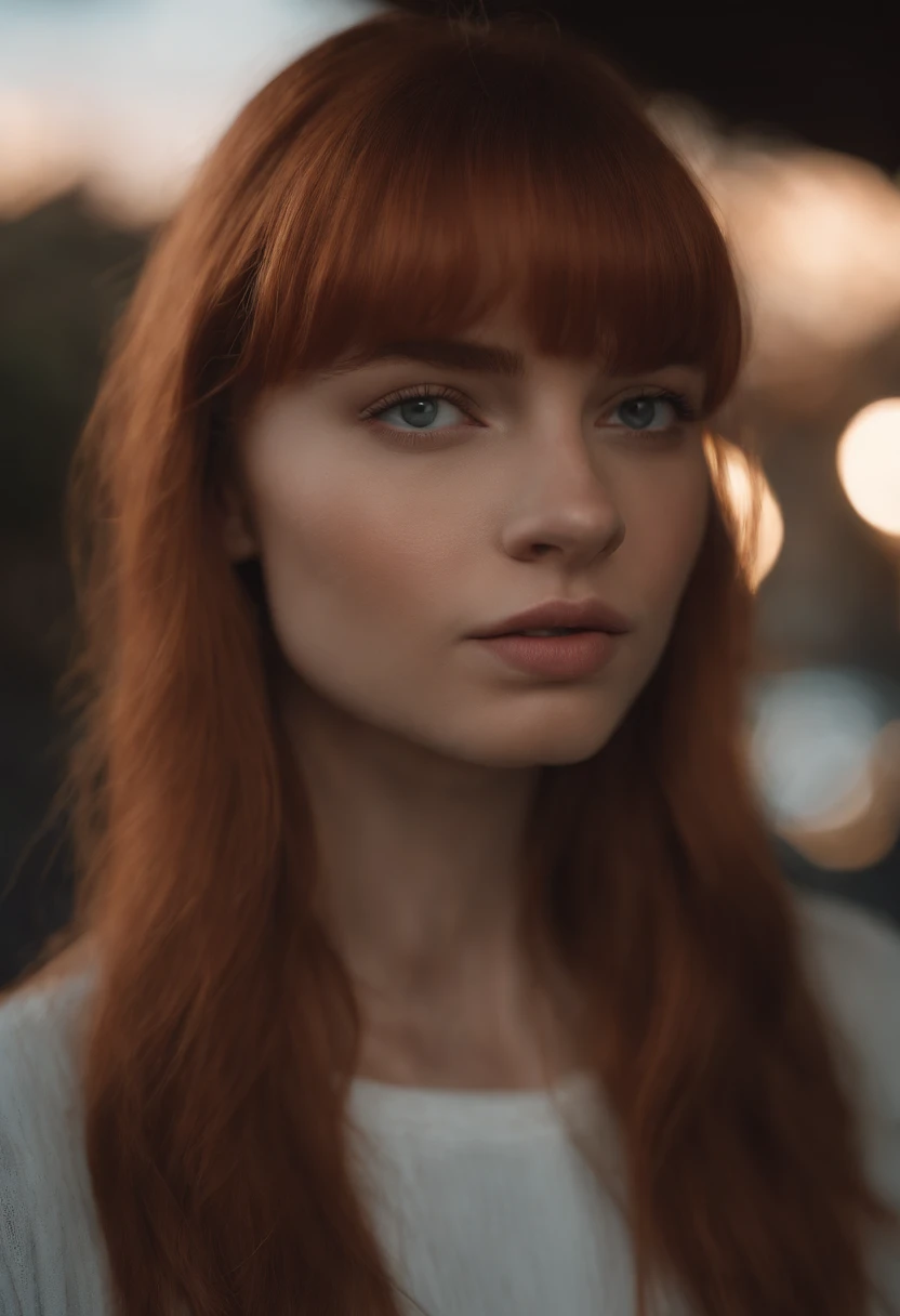young girl with a beautiful body, redhead, academy, full length, dark background, super realistic, cinema light, high detail.