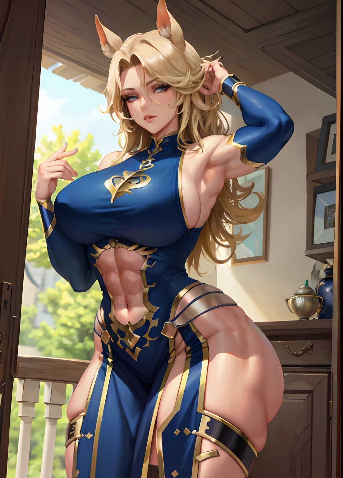 1girl, beautiful, perfect lighting, muscular, thighs, large breasts, mature female, milf, navel, abs, looking at viewer  (masterpiece, high quality:1.1), blonde hair,horse ears,paladin,armor,