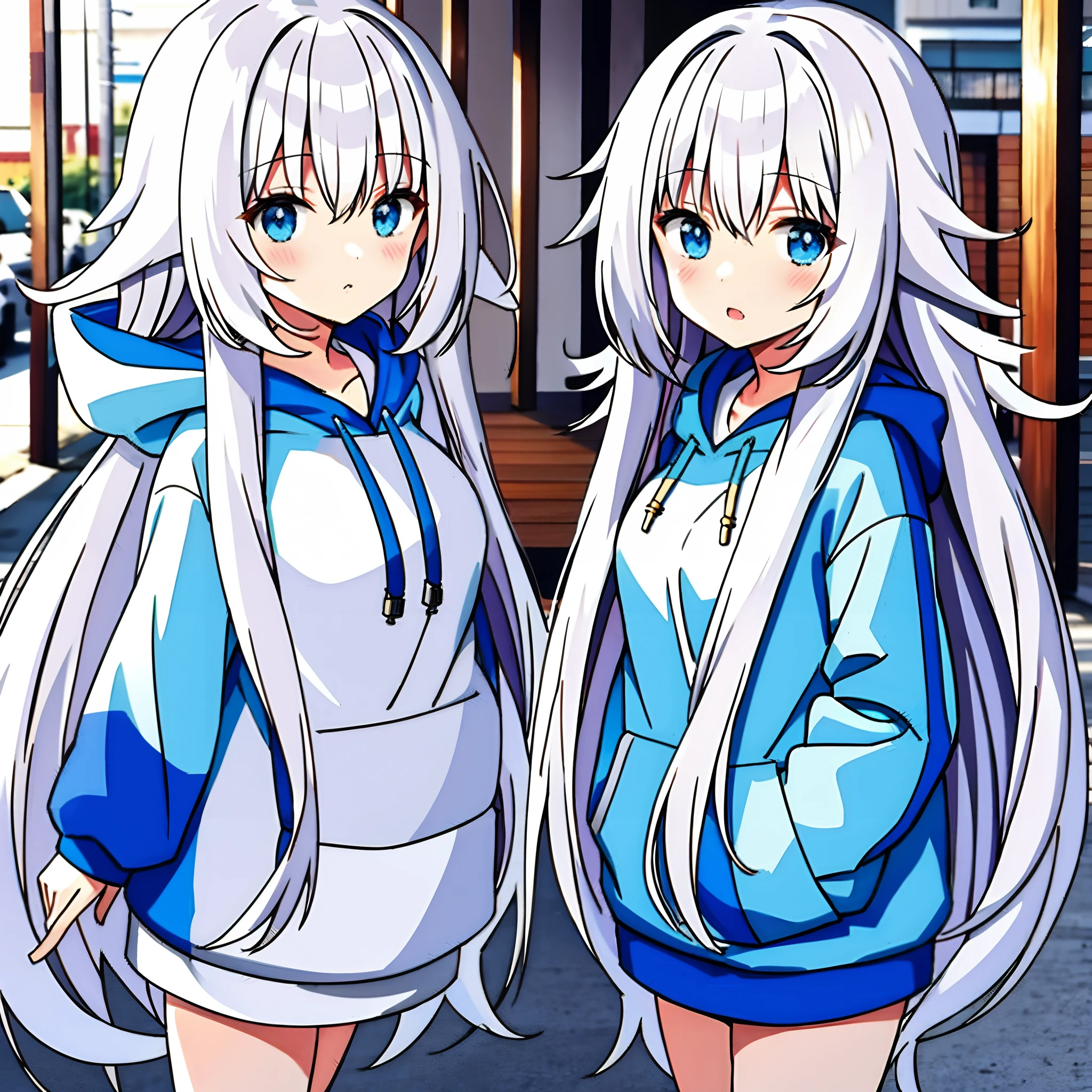 long whitr hair，hoody，anime big breast，（5 years old 1 girl）（adolable）is shy,（White color hair）, By bangs，face to the viewer