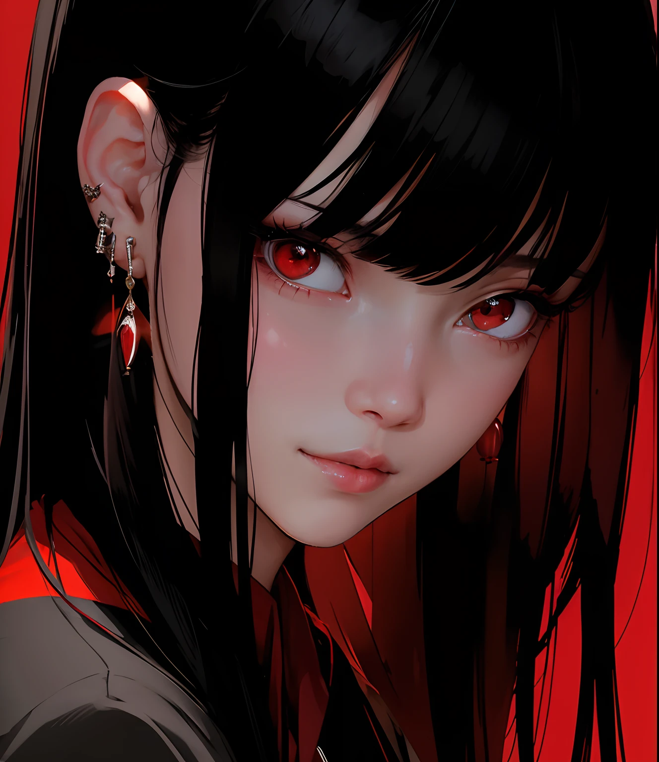 A girl with black hair and red eyes wearing a Japanese yukata. Japanese kimono. Vestimenta japonesa. Serene expression on his face. Meio sorriso no rosto.