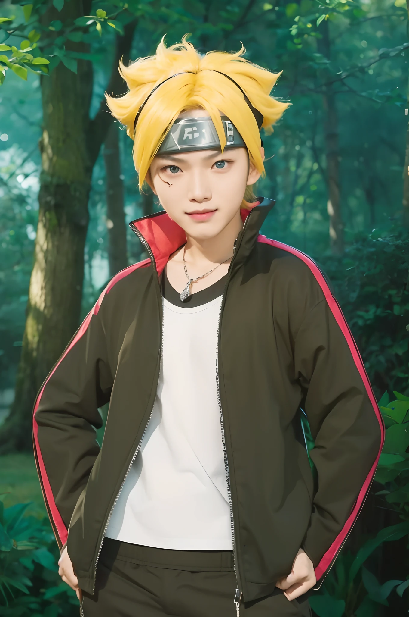Real life adaption of this character, Korean teen handsome face,smilling expression, realistic same yellow hair,wear ninja headband with metal plate on the middle of headband, realistic blue eyes, realistic outfit with wearing necklace, hyper realistic, realistic light, realistic shadow, realism,(photorealistic:1.2)