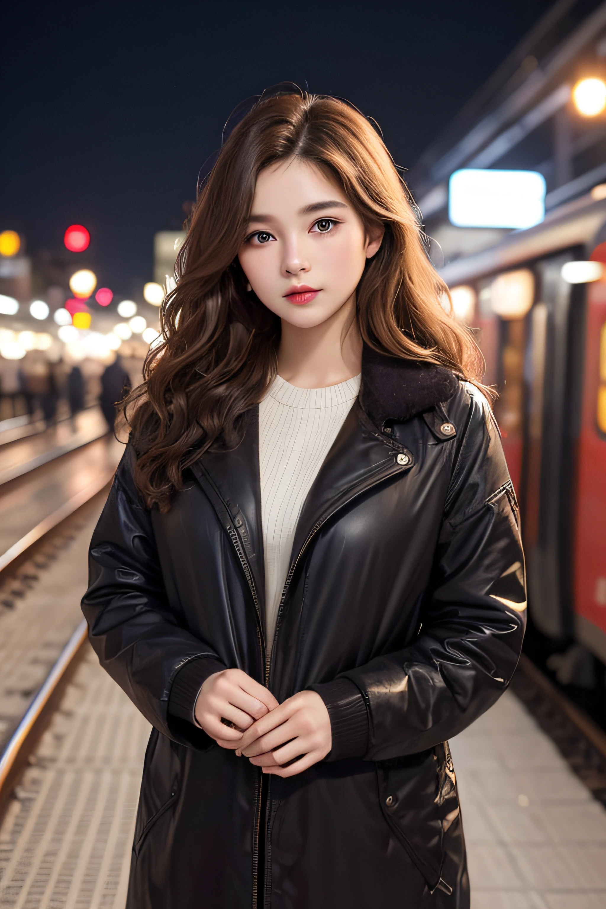 1womanl、Early 20s、(Strong-willed super beauty)、(ultra beautiful faces)、Wearing makeup、Wavy brown hair、Standing on the station platform in the big city at night、Background is a stationary train、Shallow depth of field